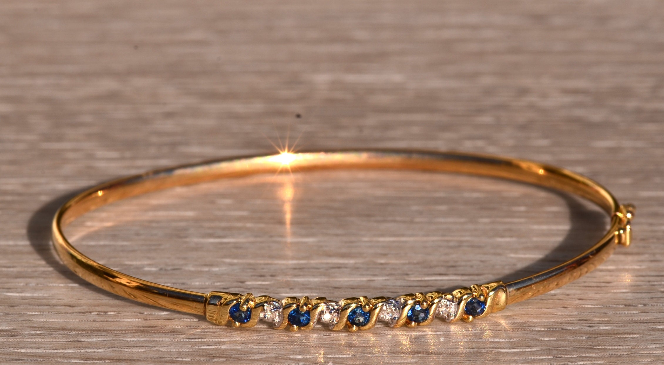 SOLD - The Hornsby Bend: Yellow Gold Sapphire and Diamond Thin Bangle Bracelet - Image 2