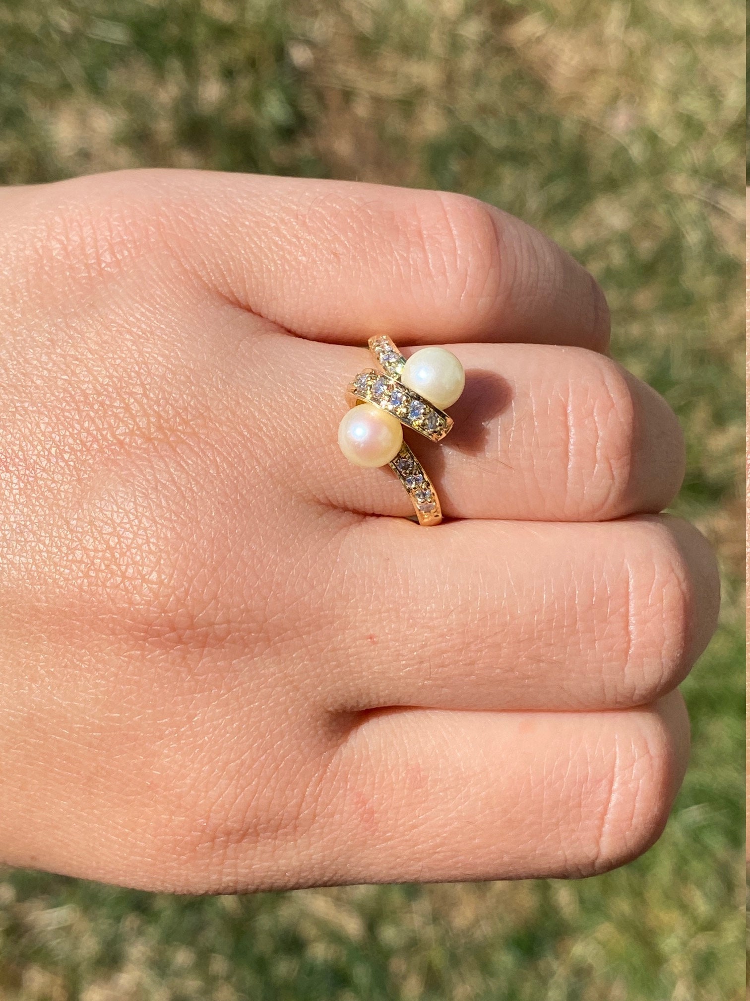 SOLD - The Garfield: Vintage Two Stone Toi et Moi Pearl Ring with Diamonds - Image 10