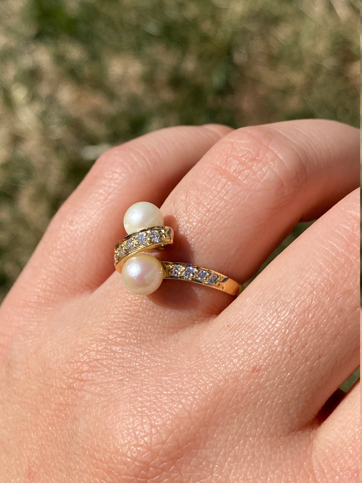 SOLD - The Garfield: Vintage Two Stone Toi et Moi Pearl Ring with Diamonds - Image 9