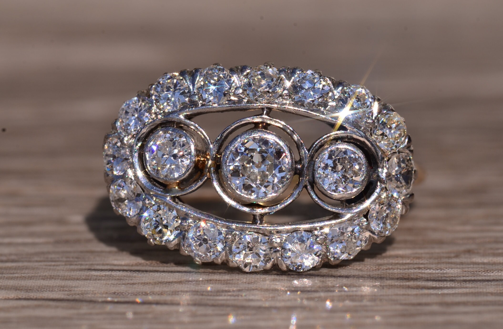 SOLD - The Dripping Springs: Antique Edwardian Three Stone Ring with Old Mine Cut Diamonds - Image 2