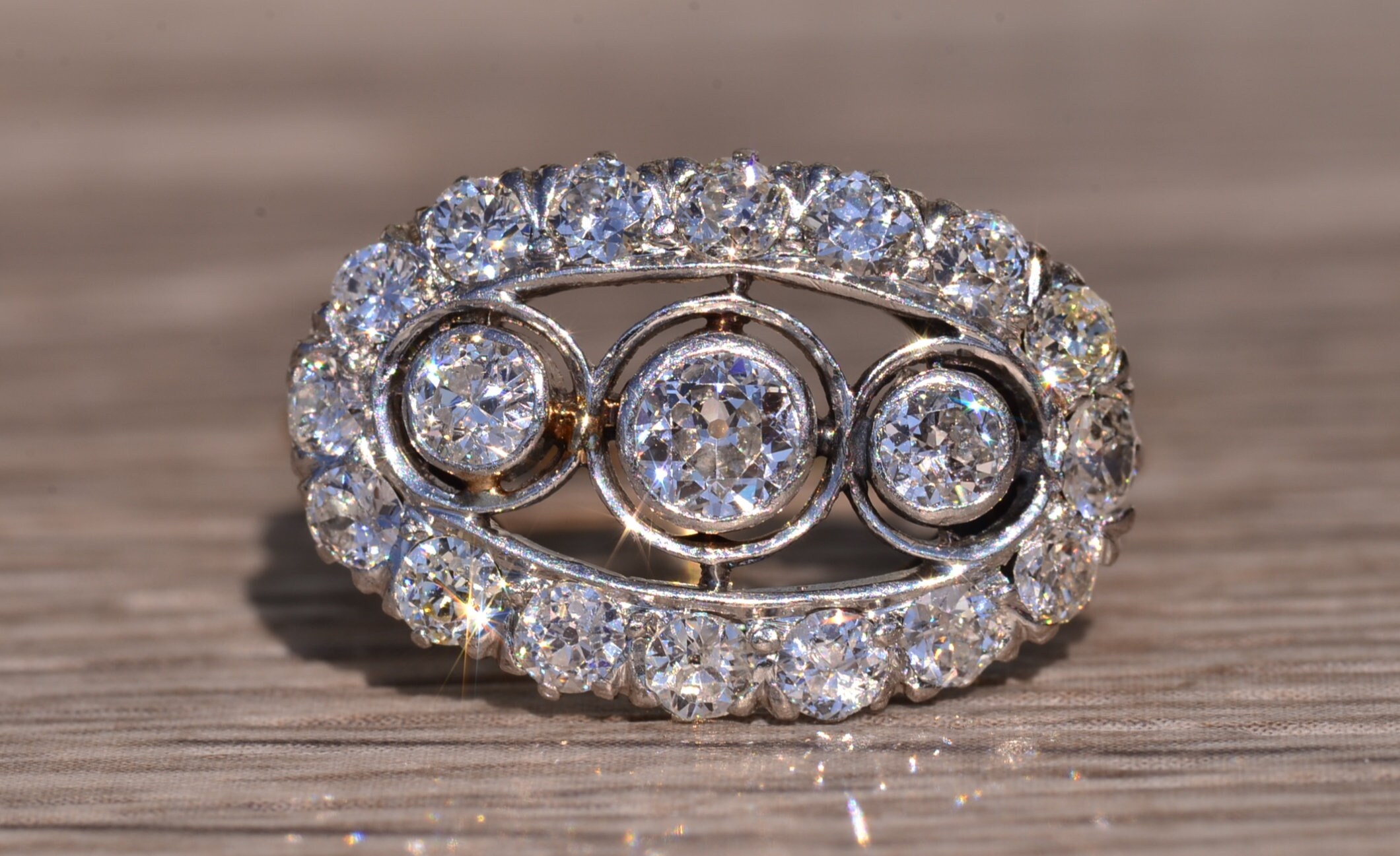SOLD - The Dripping Springs: Antique Edwardian Three Stone Ring with Old Mine Cut Diamonds - Image 7