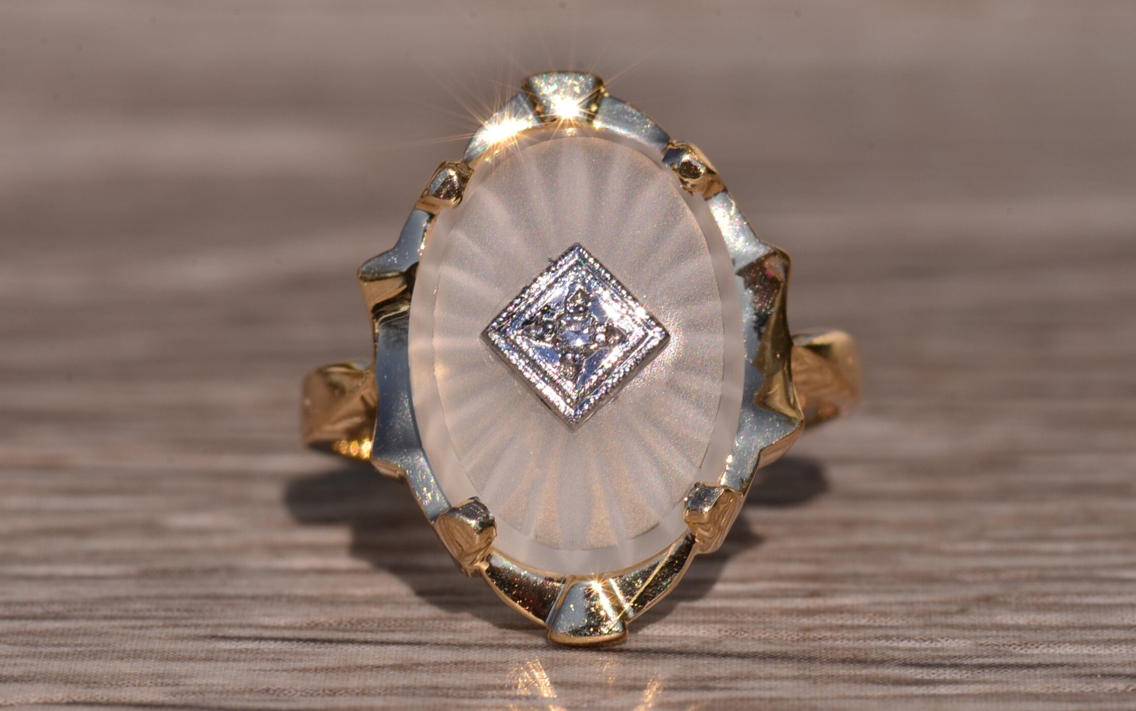 SOLD - The Henly: Yellow Gold Camphor Glass and Diamond Ring - Image 2