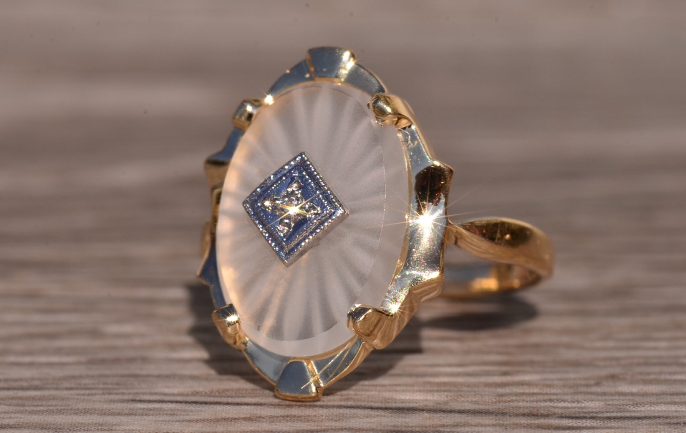 SOLD - The Henly: Yellow Gold Camphor Glass and Diamond Ring - Image 3