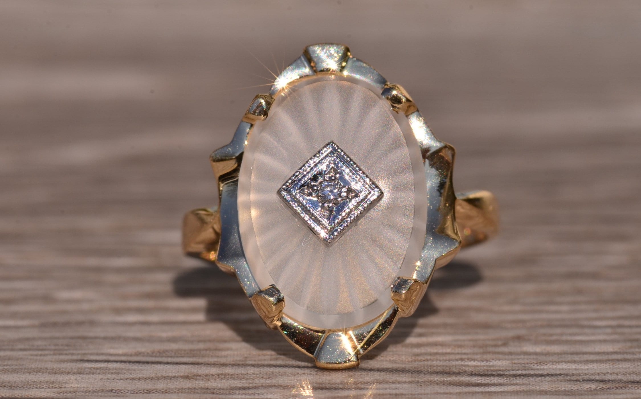 SOLD - The Henly: Yellow Gold Camphor Glass and Diamond Ring - Image 7