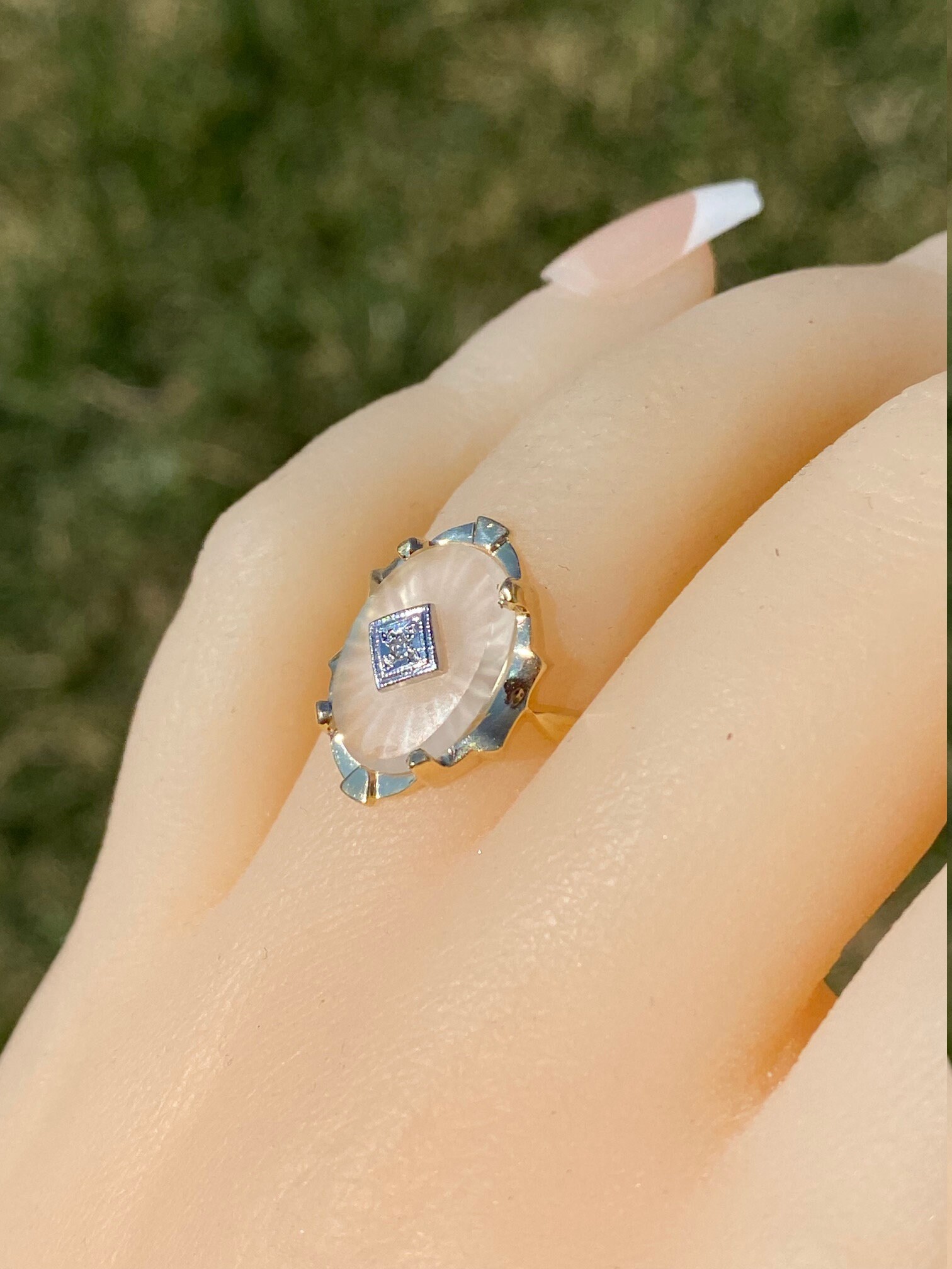 SOLD - The Henly: Yellow Gold Camphor Glass and Diamond Ring - Image 9