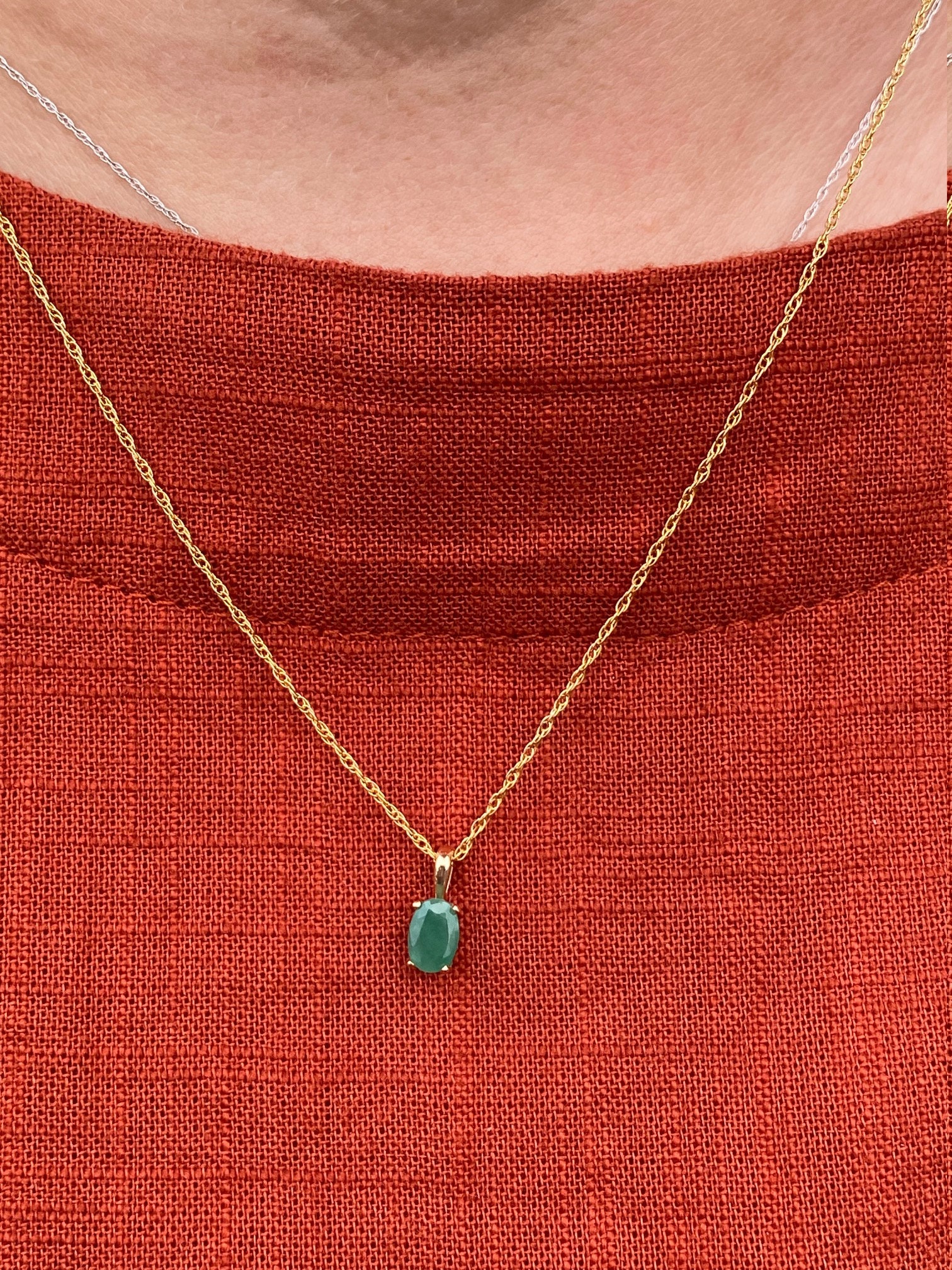 SOLD - The Bowen: Oval Brilliant Cut Emerald Solitaire Necklace in Yellow Gold - Image 4