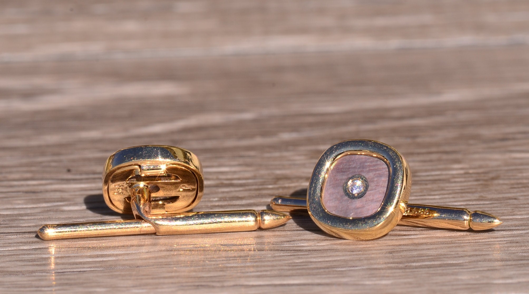 The Camp Swift: Yellow Gold Shirt Studs with Mother of Pearl and Diamonds - Image 3