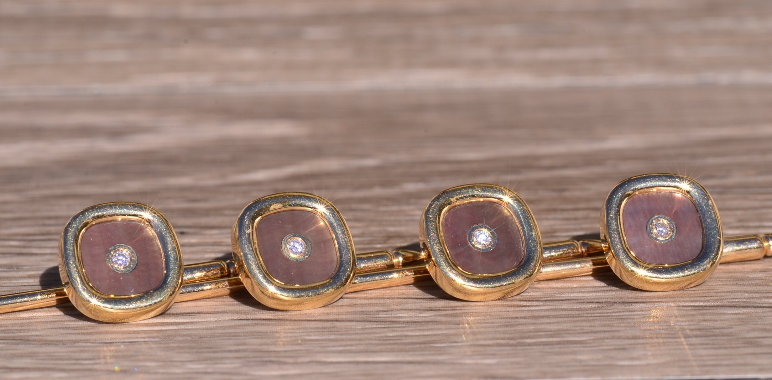 The Camp Swift: Yellow Gold Shirt Studs with Mother of Pearl and Diamonds - Image 2