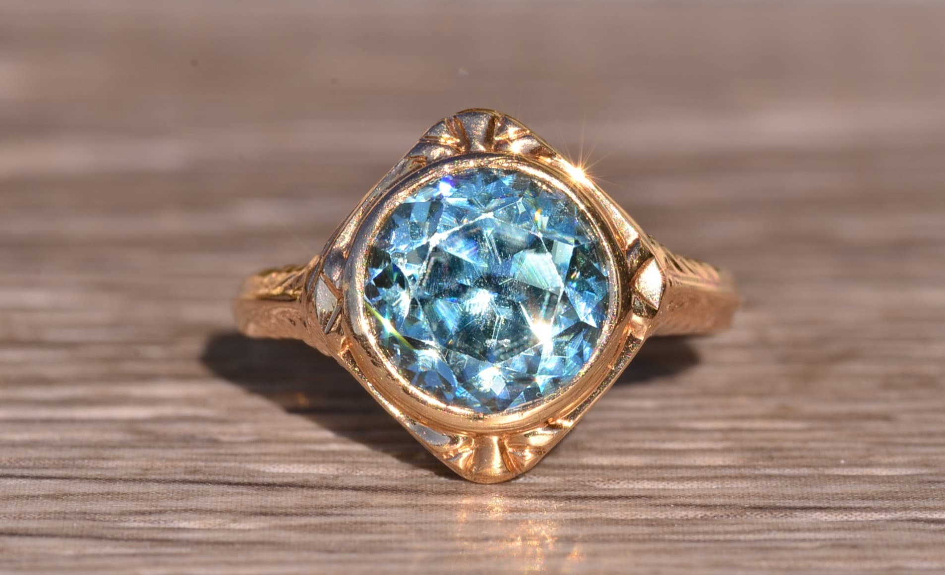 SOLD - The Pacific Beach: Antique Filigree Engagement Ring set with Natural Blue Zircon - Image 2