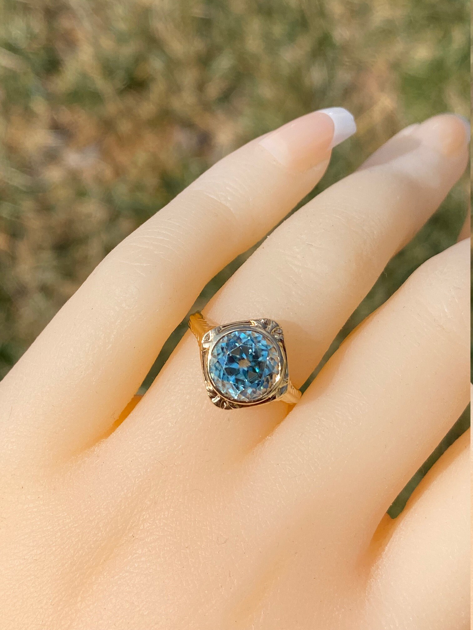SOLD - The Pacific Beach: Antique Filigree Engagement Ring set with Natural Blue Zircon - Image 8