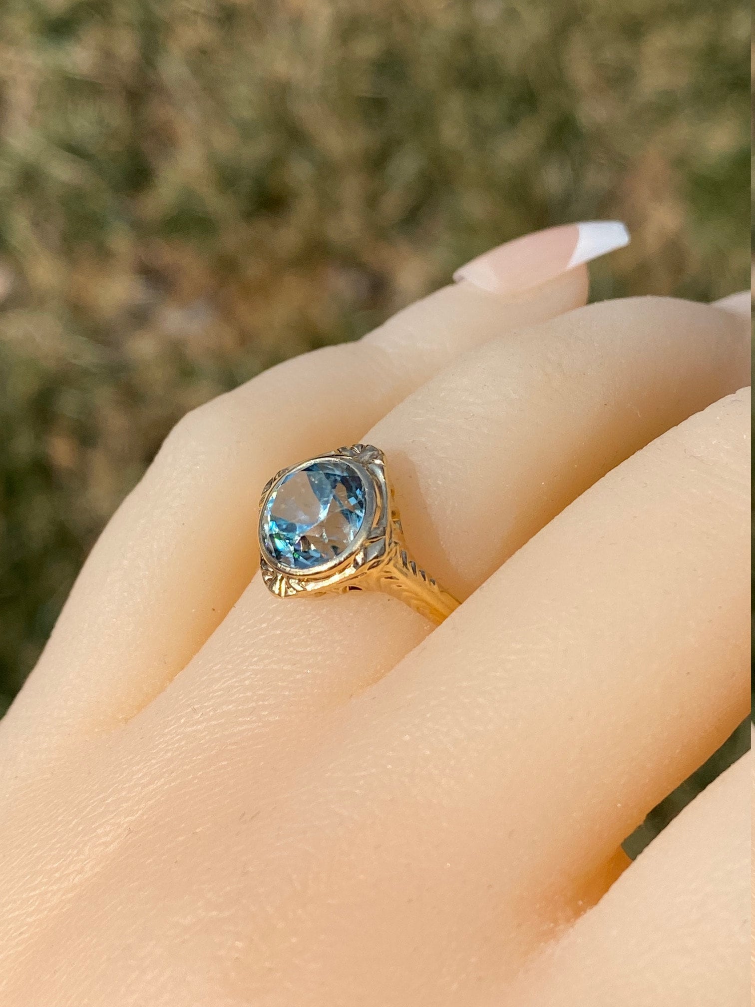 SOLD - The Pacific Beach: Antique Filigree Engagement Ring set with Natural Blue Zircon - Image 9