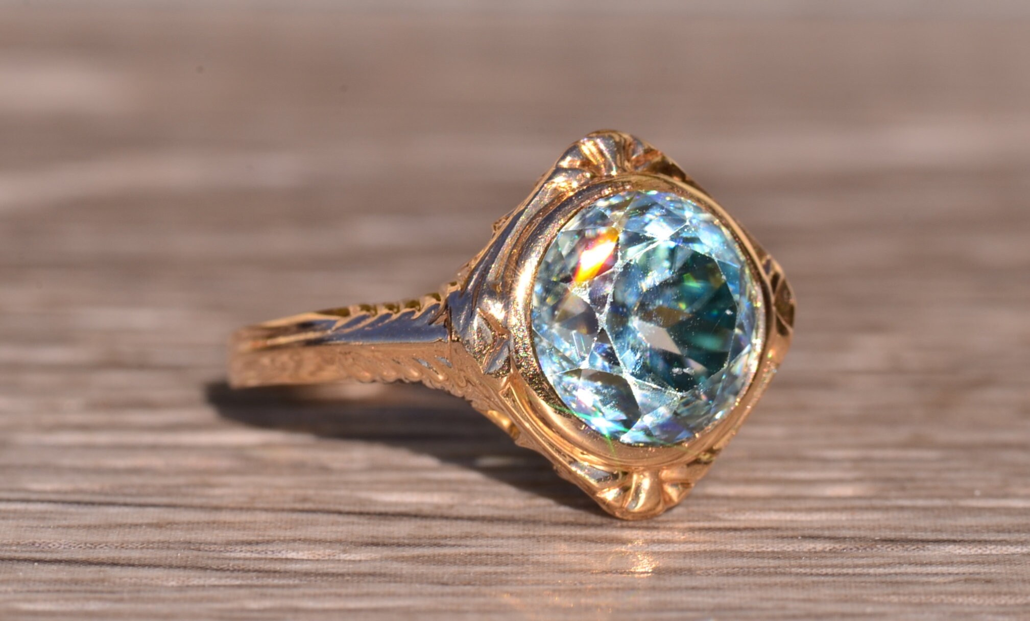 SOLD - The Pacific Beach: Antique Filigree Engagement Ring set with Natural Blue Zircon - Image 6