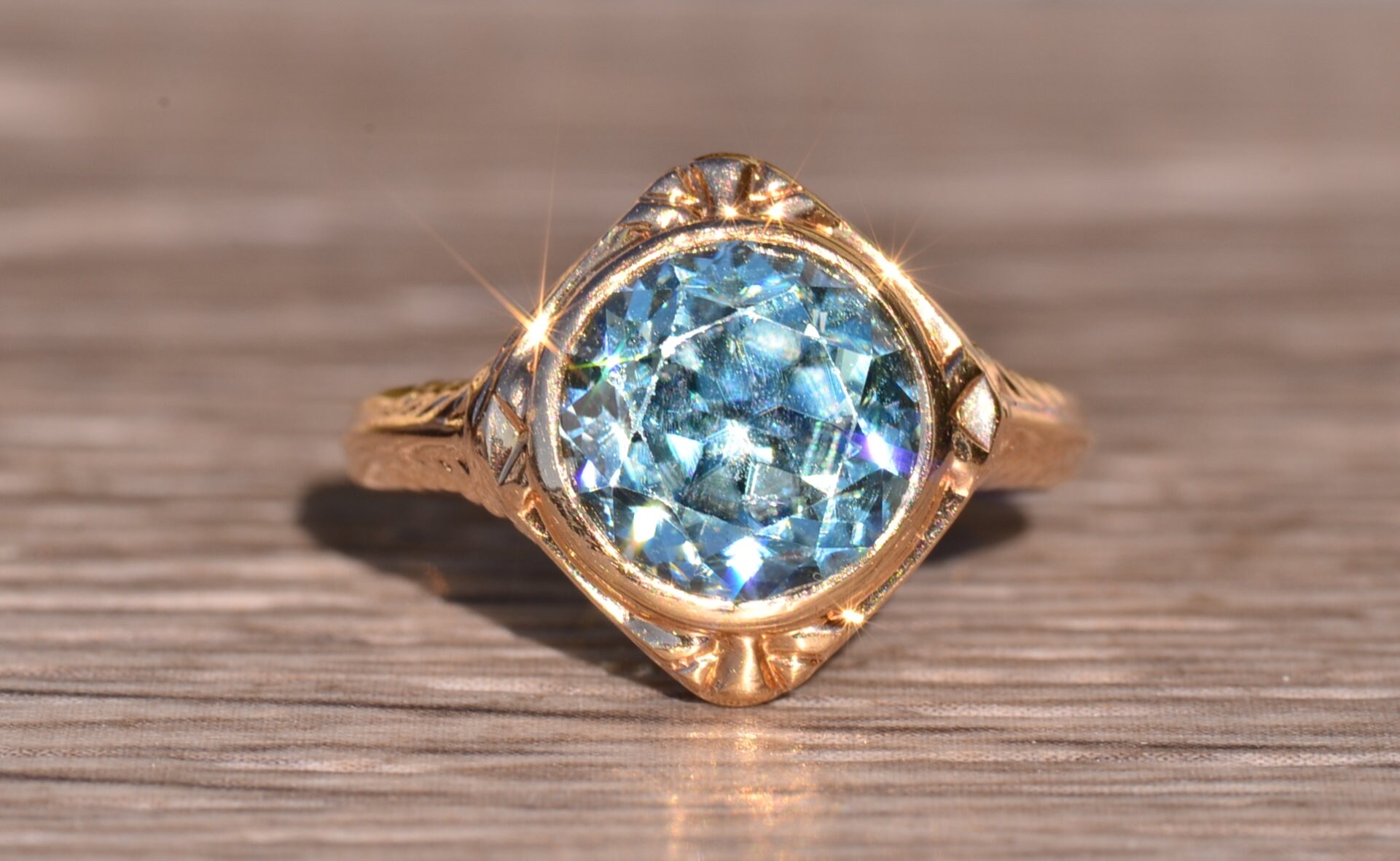 SOLD - The Pacific Beach: Antique Filigree Engagement Ring set with Natural Blue Zircon - Image 7
