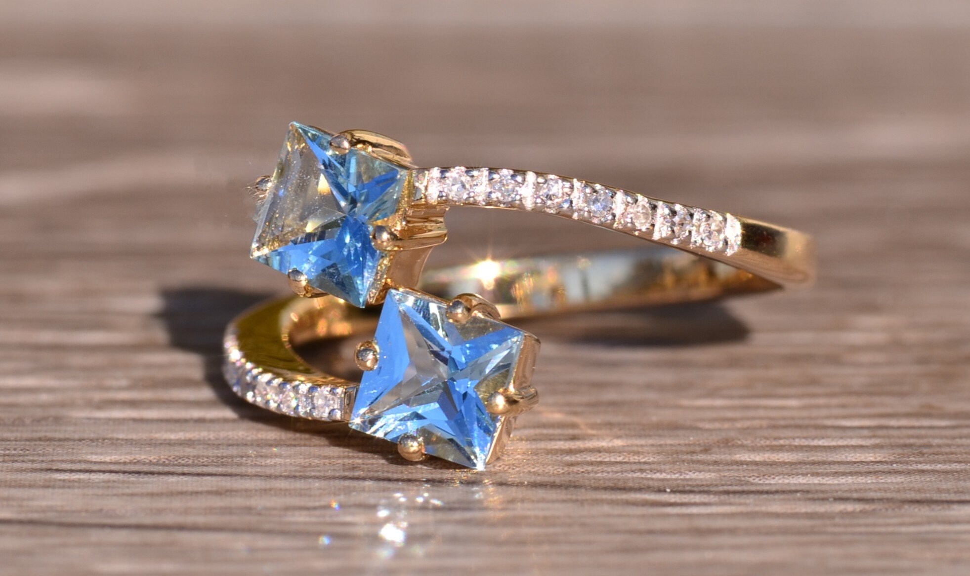 The Eastlake Greens: Contemporary Two Stone Ring with Aquamarine and Diamonds - Image 3