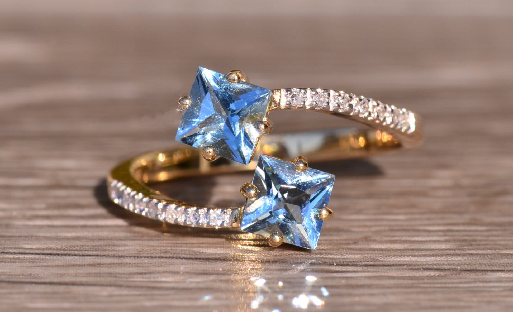 The Eastlake Greens: Contemporary Two Stone Ring with Aquamarine and Diamonds - Image 7