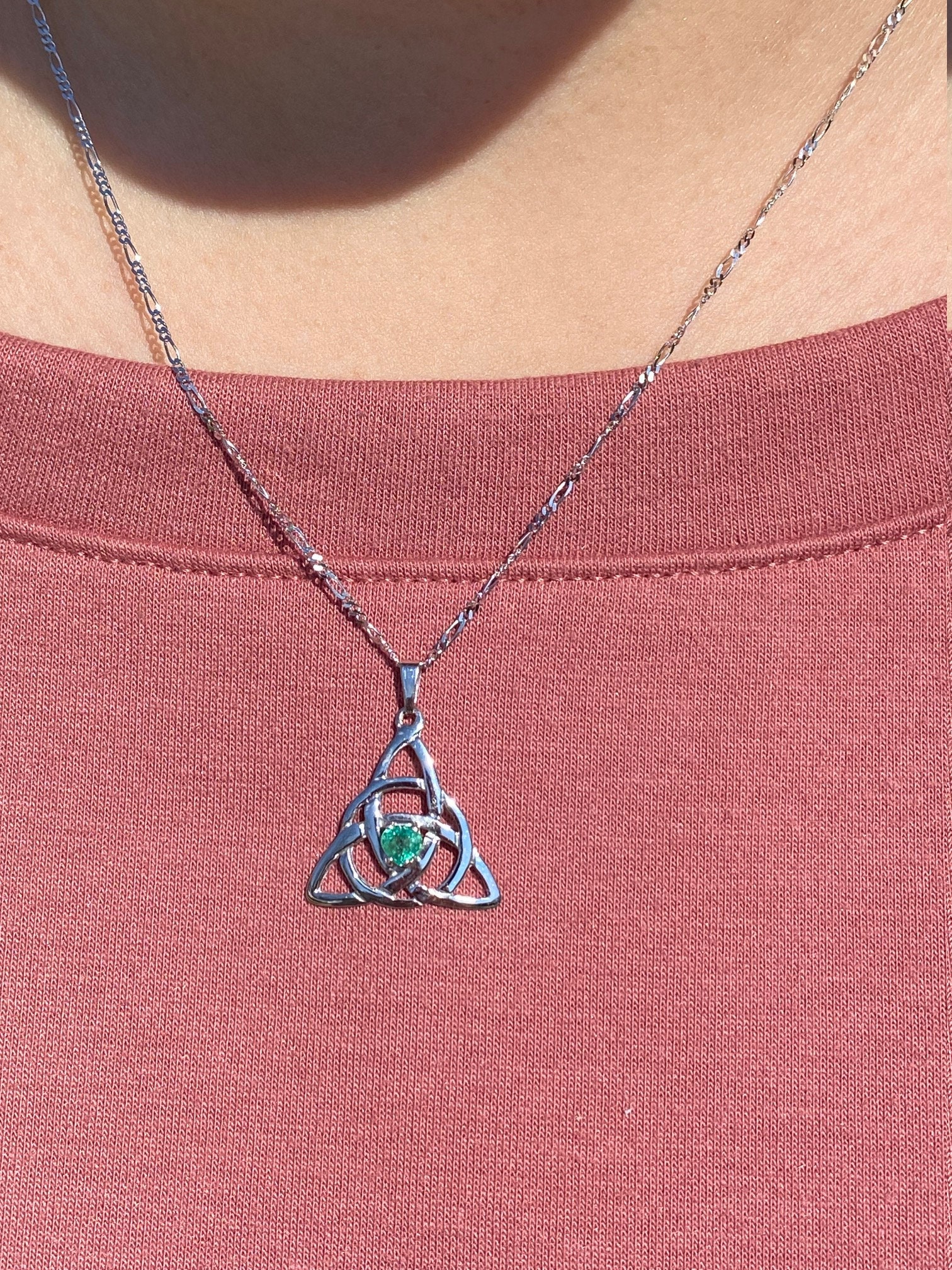 SOLD - The Galway: Irish Made White Gold Celtic Necklace with Heart Shaped Emerald - Image 4