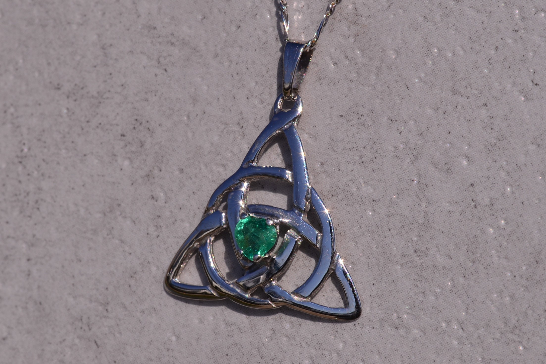SOLD - The Galway: Irish Made White Gold Celtic Necklace with Heart Shaped Emerald - Image 3