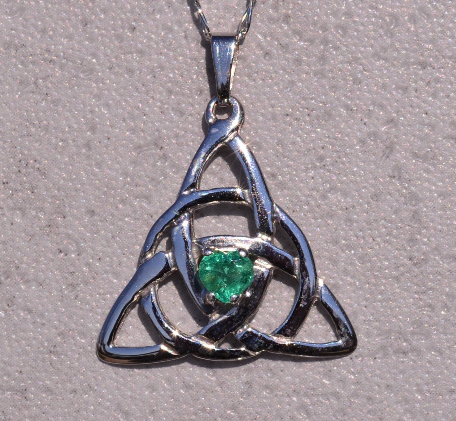 SOLD - The Galway: Irish Made White Gold Celtic Necklace with Heart Shaped Emerald - Image 2