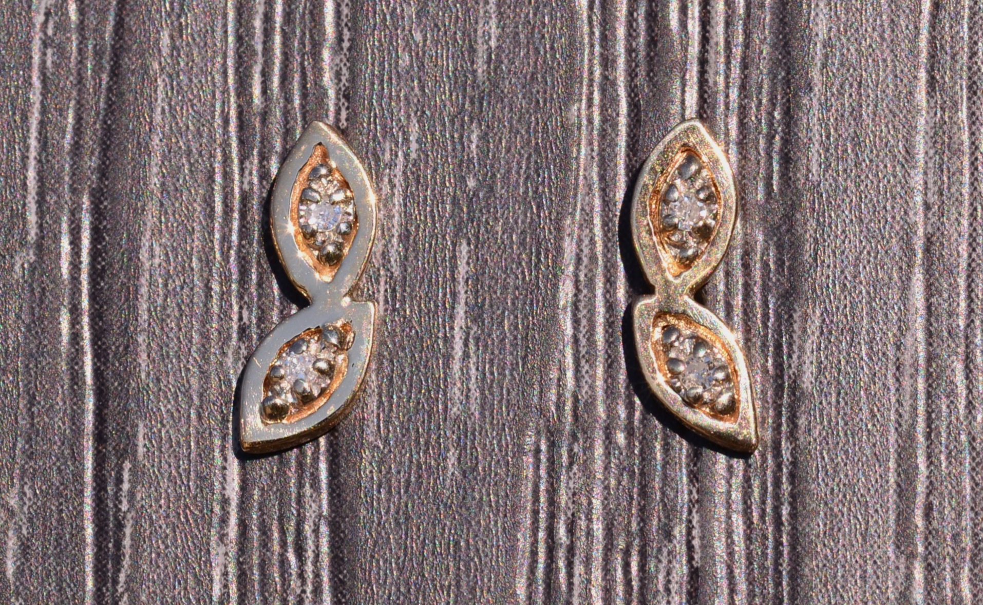 SOLD - The San Marcos: Yellow Gold Two Stone Navette Earrings with Diamonds - Image 2