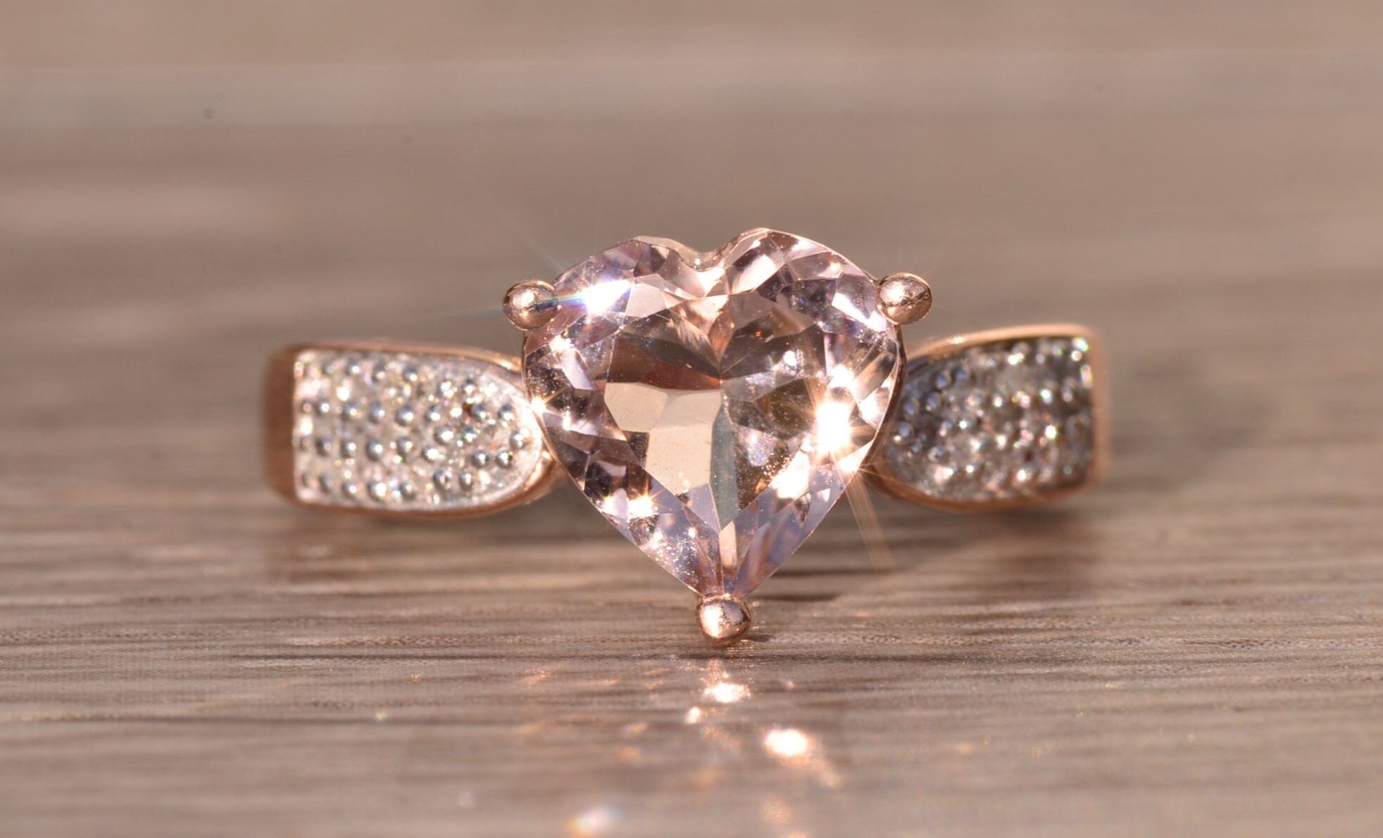 SOLD - The Lititz: Rose Gold Ring set with Heart Shaped Morganite and Diamonds - Image 2