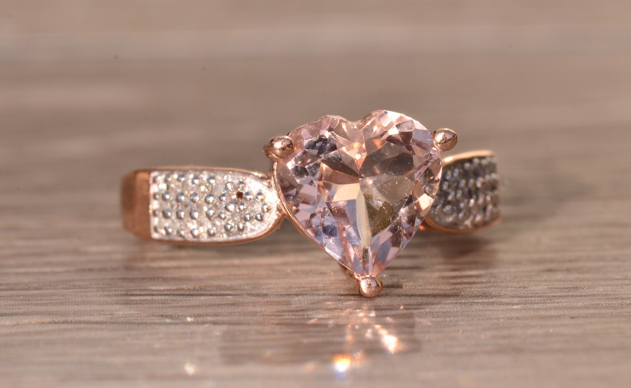 SOLD - The Lititz: Rose Gold Ring set with Heart Shaped Morganite and Diamonds - Image 6