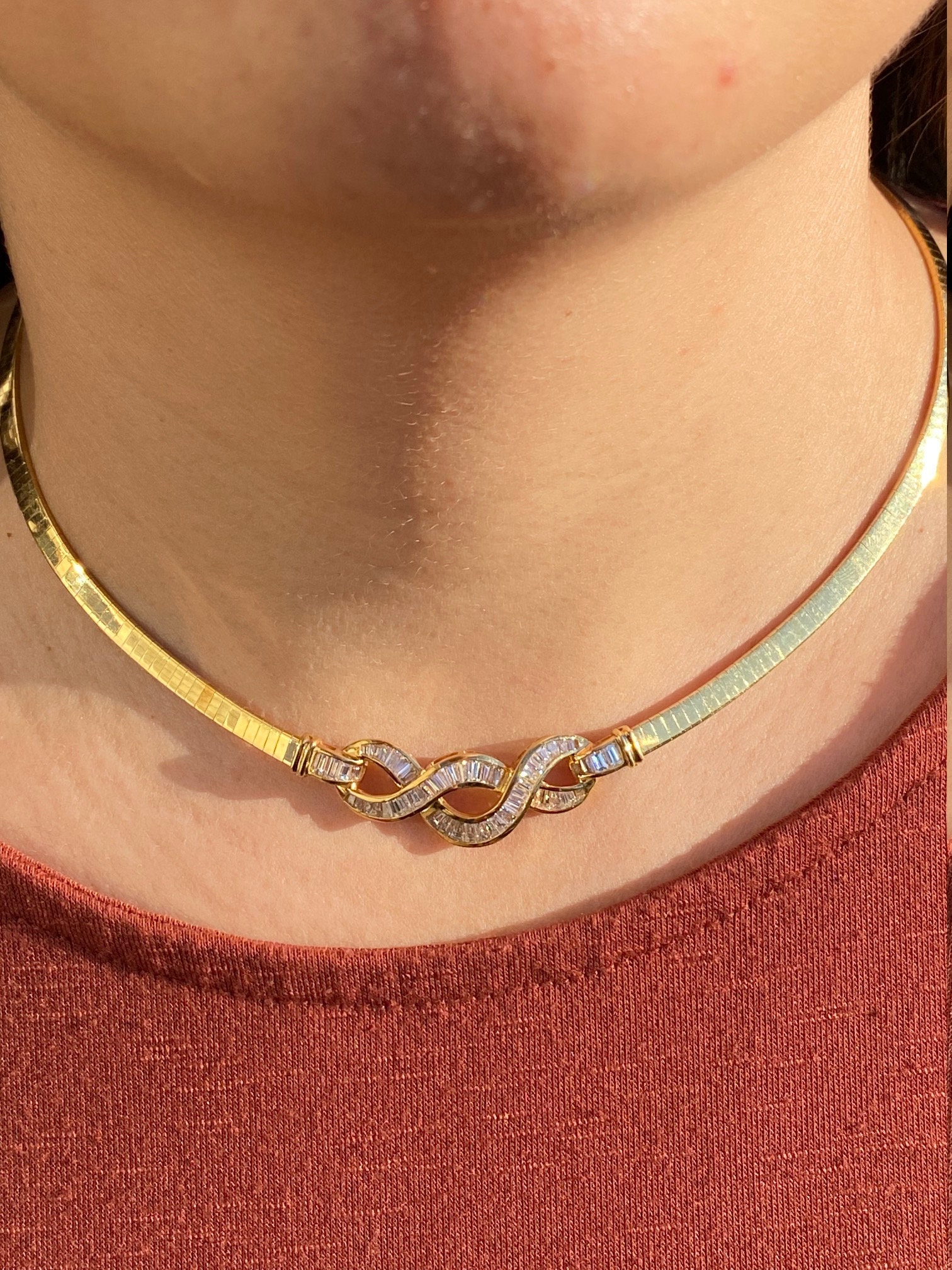 SOLD - The Swanton: Infinity Diamond Necklace in Yellow Gold with Omega Necklace - Image 4