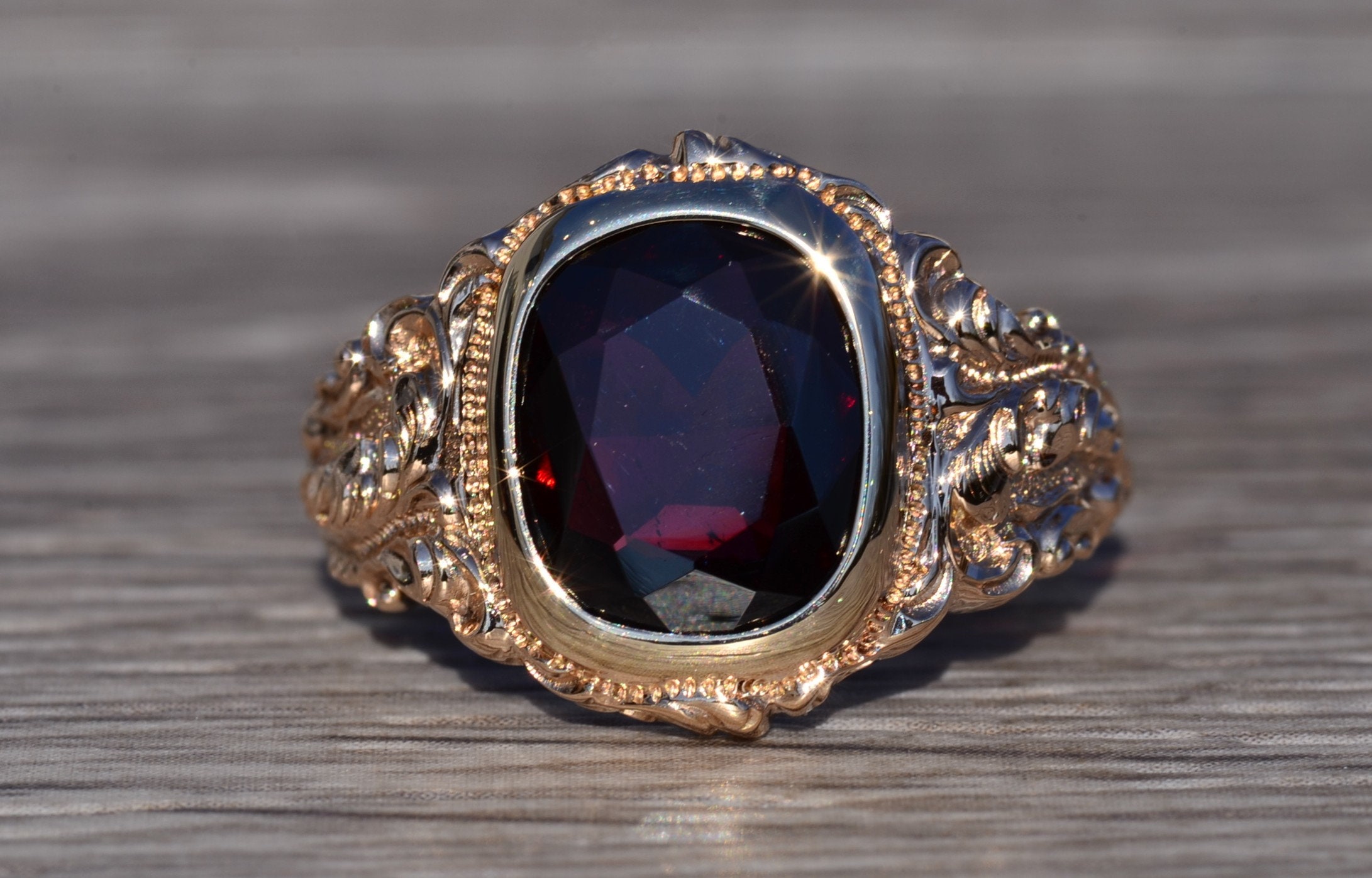 SOLD - The Oxnard: Baroque and Rococo Era Rose Gold Ring with Garnet - Image 2