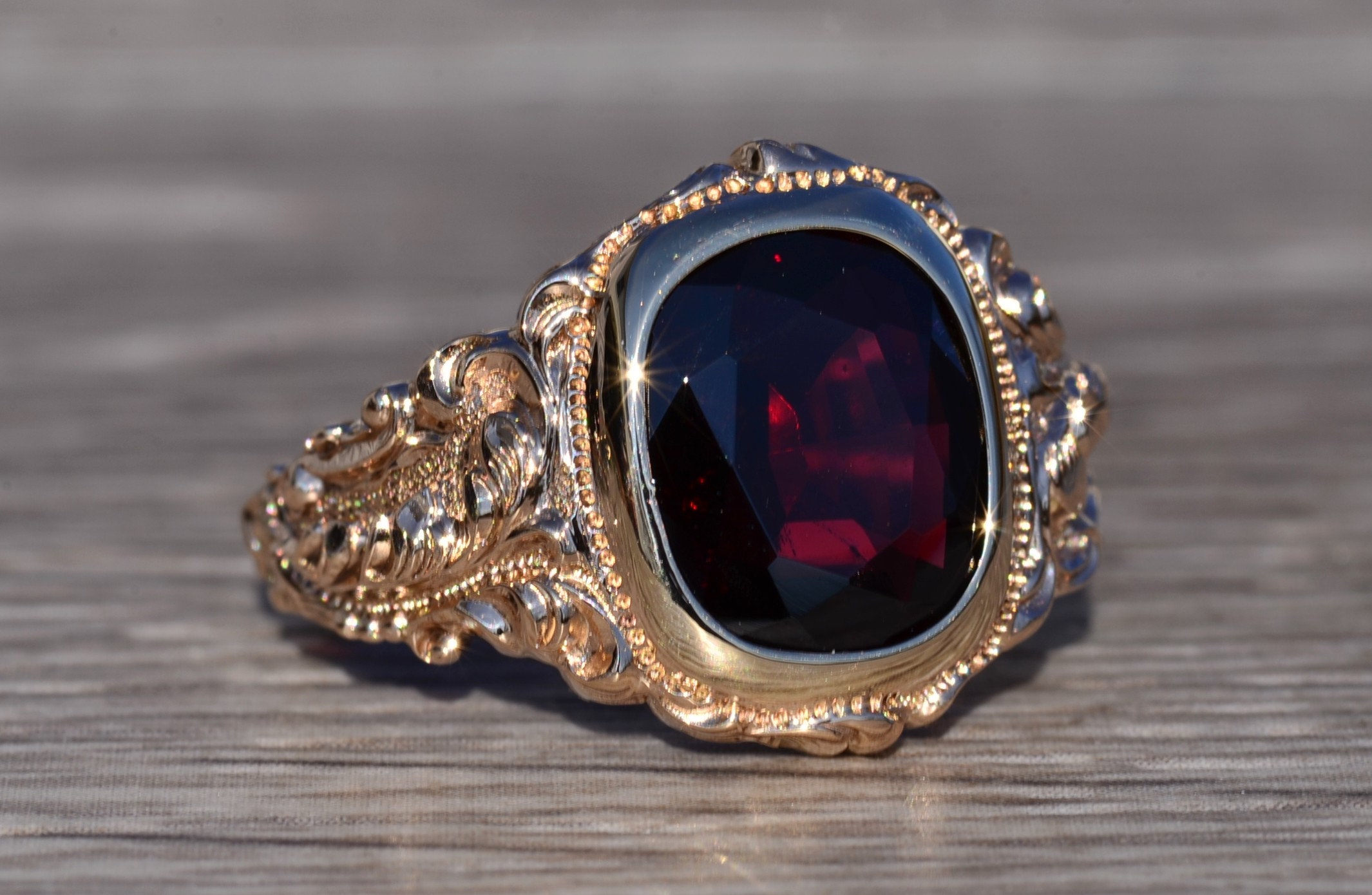 SOLD - The Oxnard: Baroque and Rococo Era Rose Gold Ring with Garnet - Image 6
