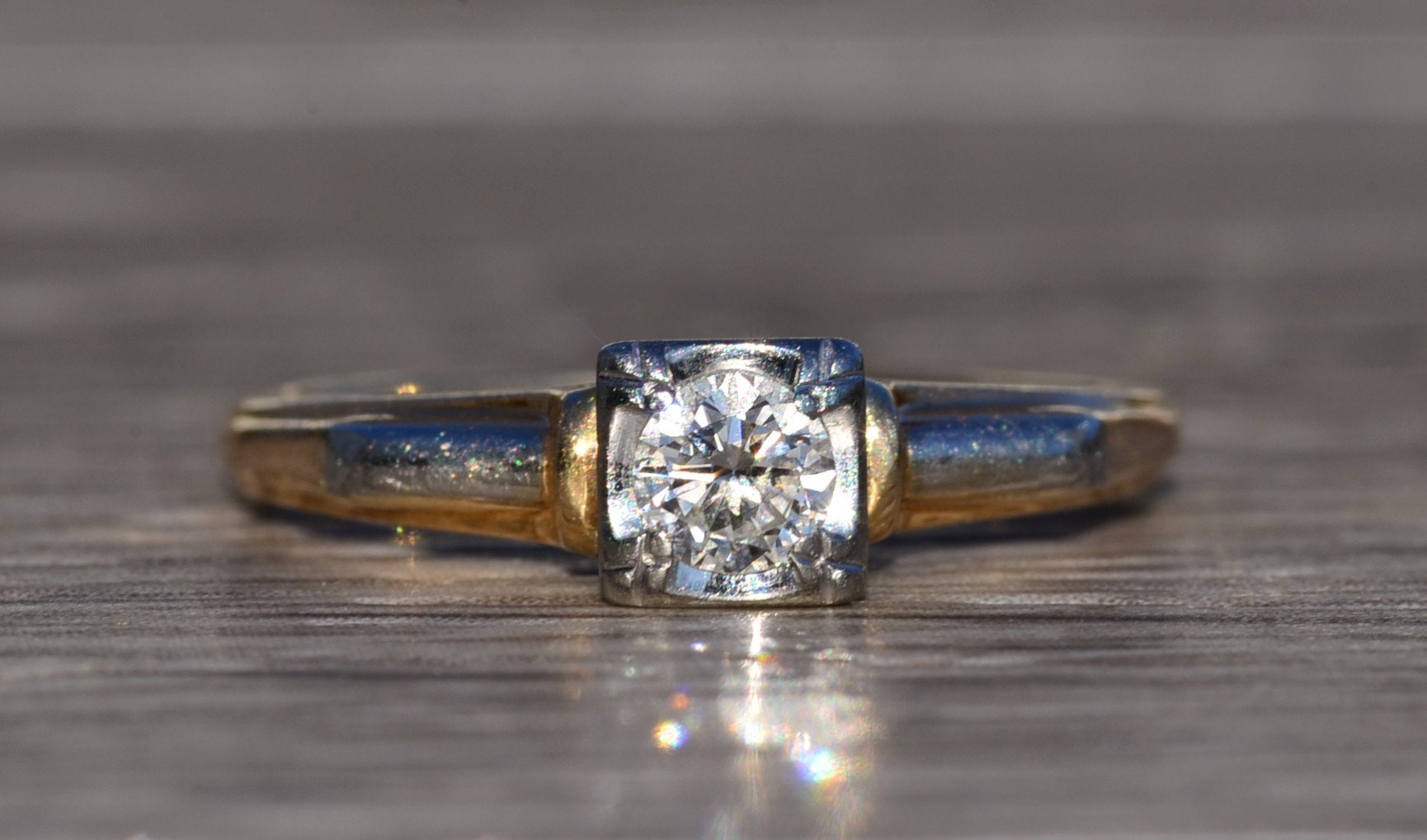 The Acorn: Antique Solitaire Engagement Ring in White and Yellow Gold - Image 2