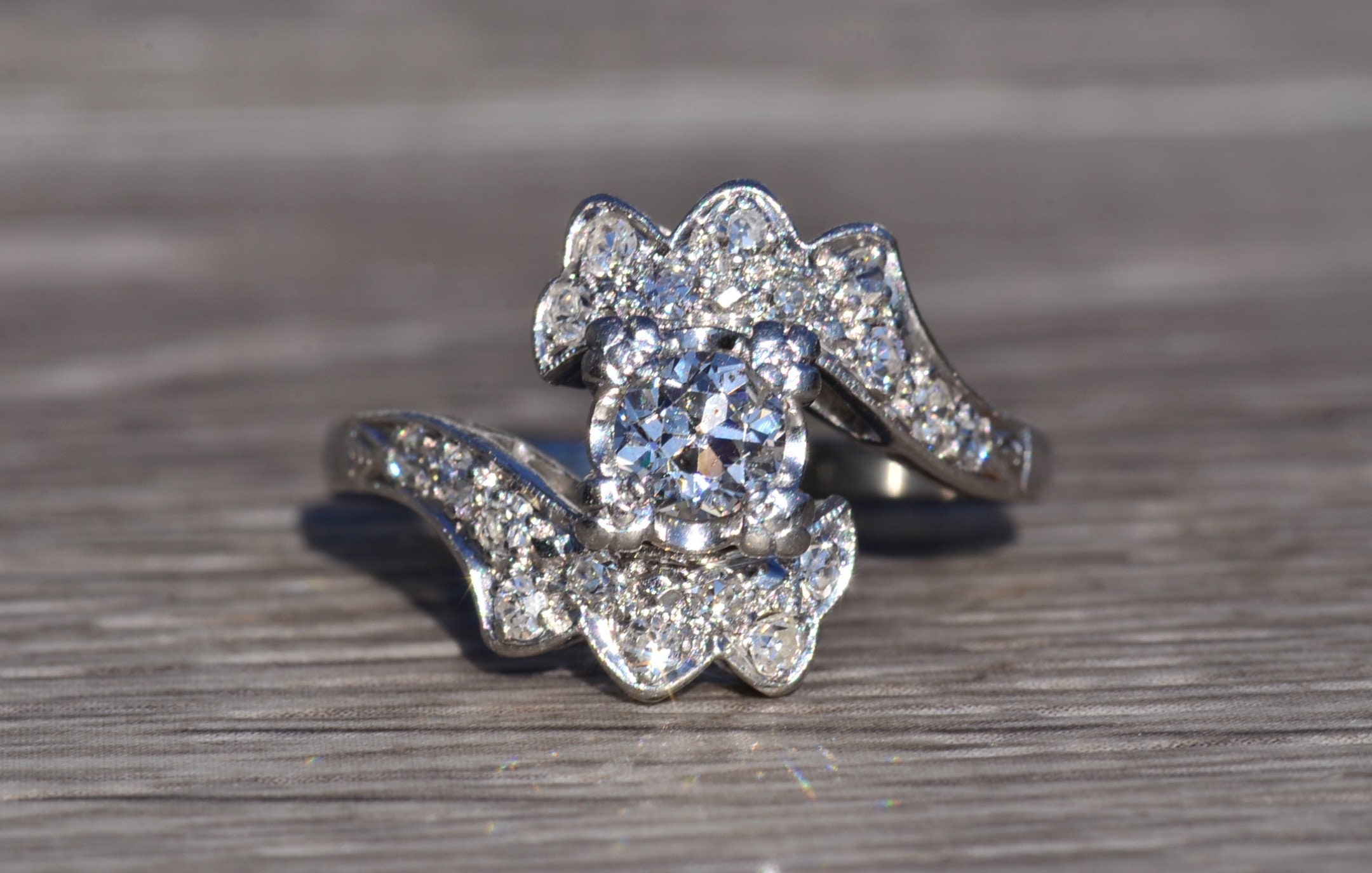 The Mission Hills: Antique Platinum Bypass Engagement Ring - Image 2
