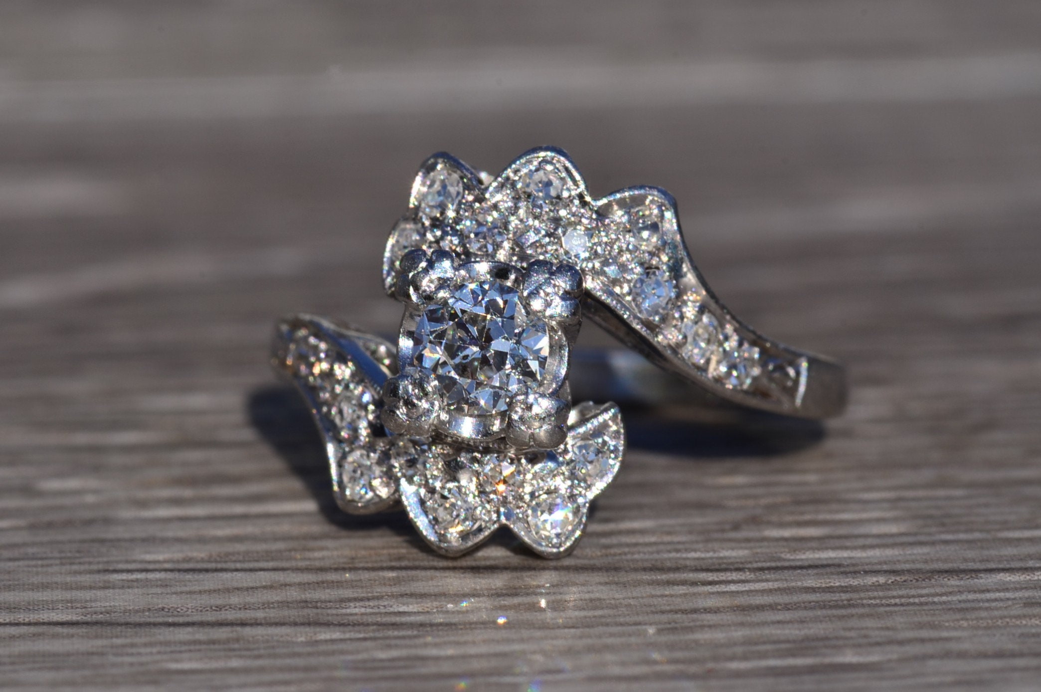 The Mission Hills: Antique Platinum Bypass Engagement Ring - Image 3