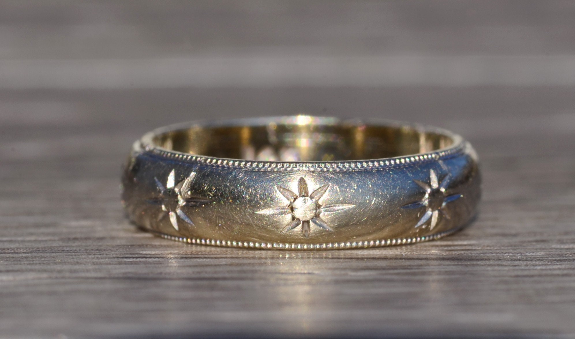 SOLD - The Los Osos: Antique White Gold Hand Engraved Band with Milgrain - Image 2