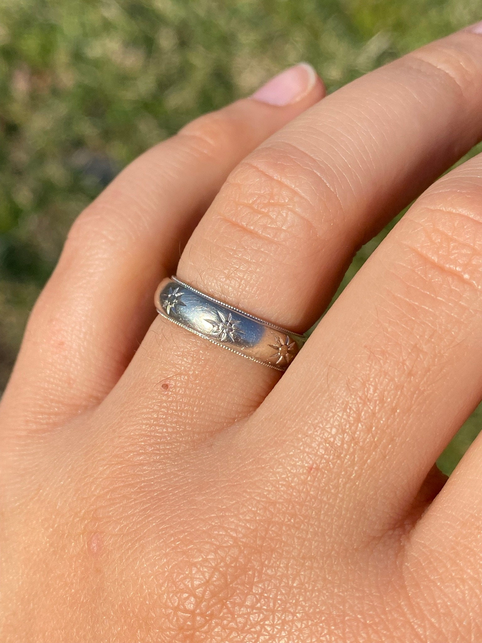 SOLD - The Los Osos: Antique White Gold Hand Engraved Band with Milgrain - Image 6