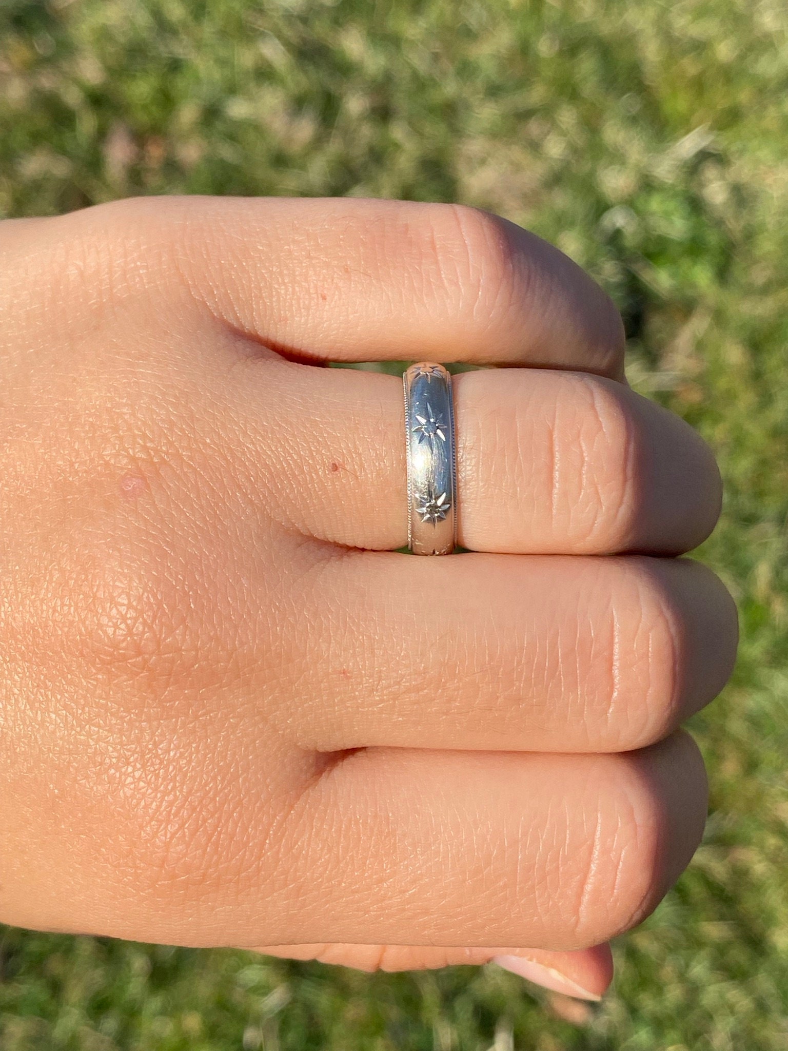 SOLD - The Los Osos: Antique White Gold Hand Engraved Band with Milgrain - Image 7
