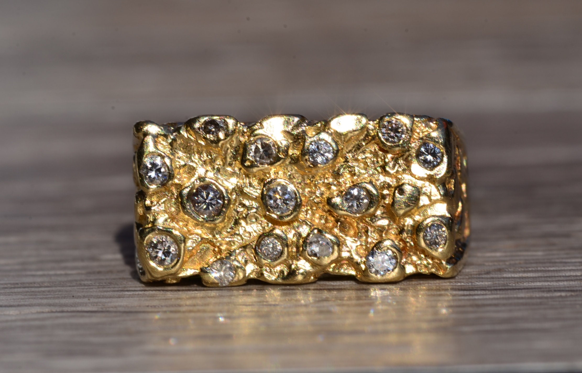 SOLD - The Cayucos: Vintage Yellow Gold Nugget Style Ring with Diamonds - Image 7
