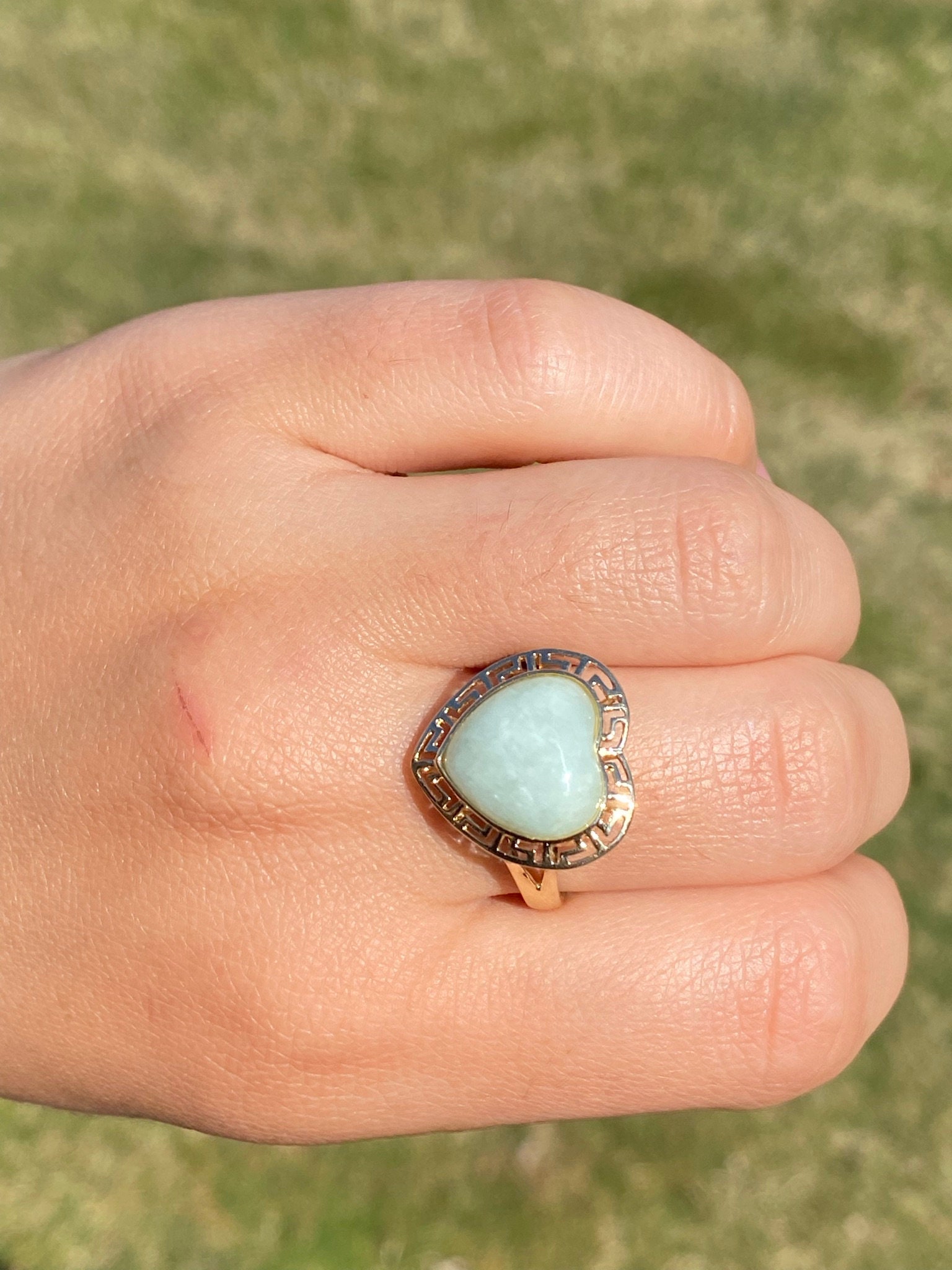 SOLD - The Gorda: Heart Shaped Cabochon Jade Ring in Yellow Gold - Image 10