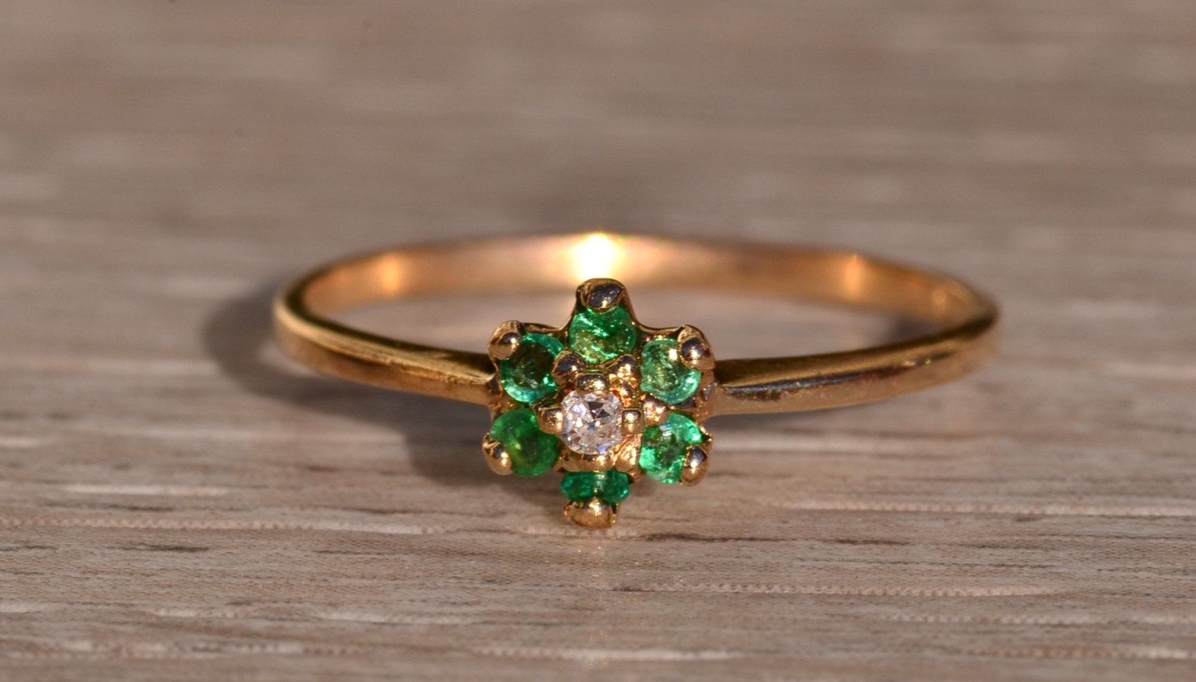 SOLD - The Manchaca: Yellow Gold Ring with Diamond and Emerald Halo - Image 2