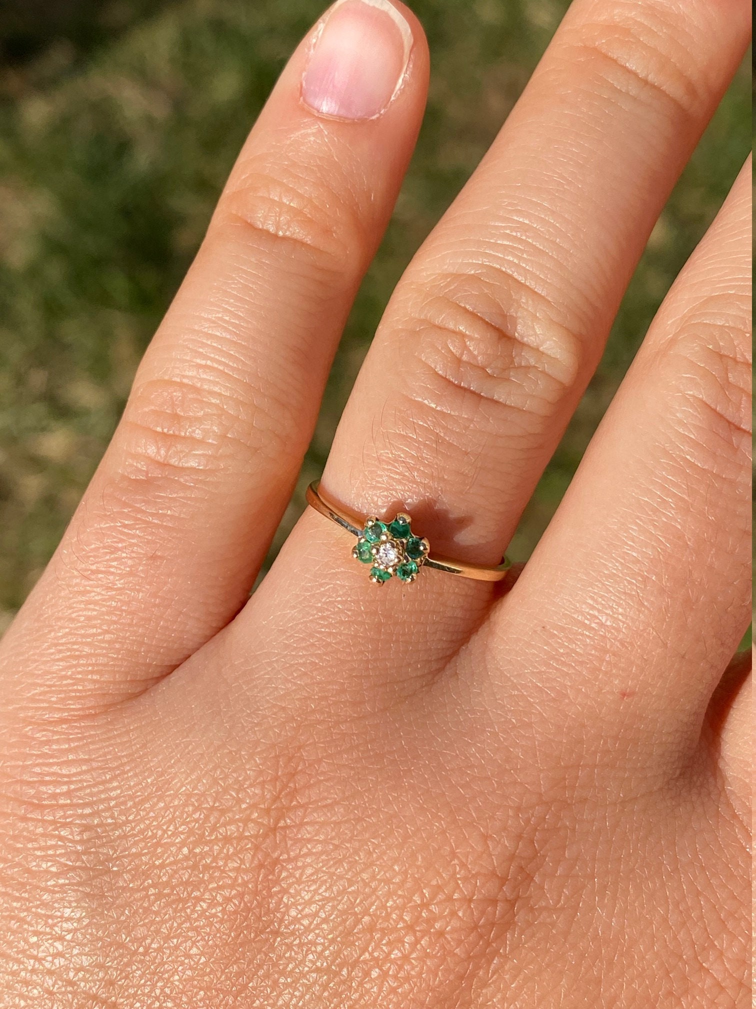 SOLD - The Manchaca: Yellow Gold Ring with Diamond and Emerald Halo - Image 8
