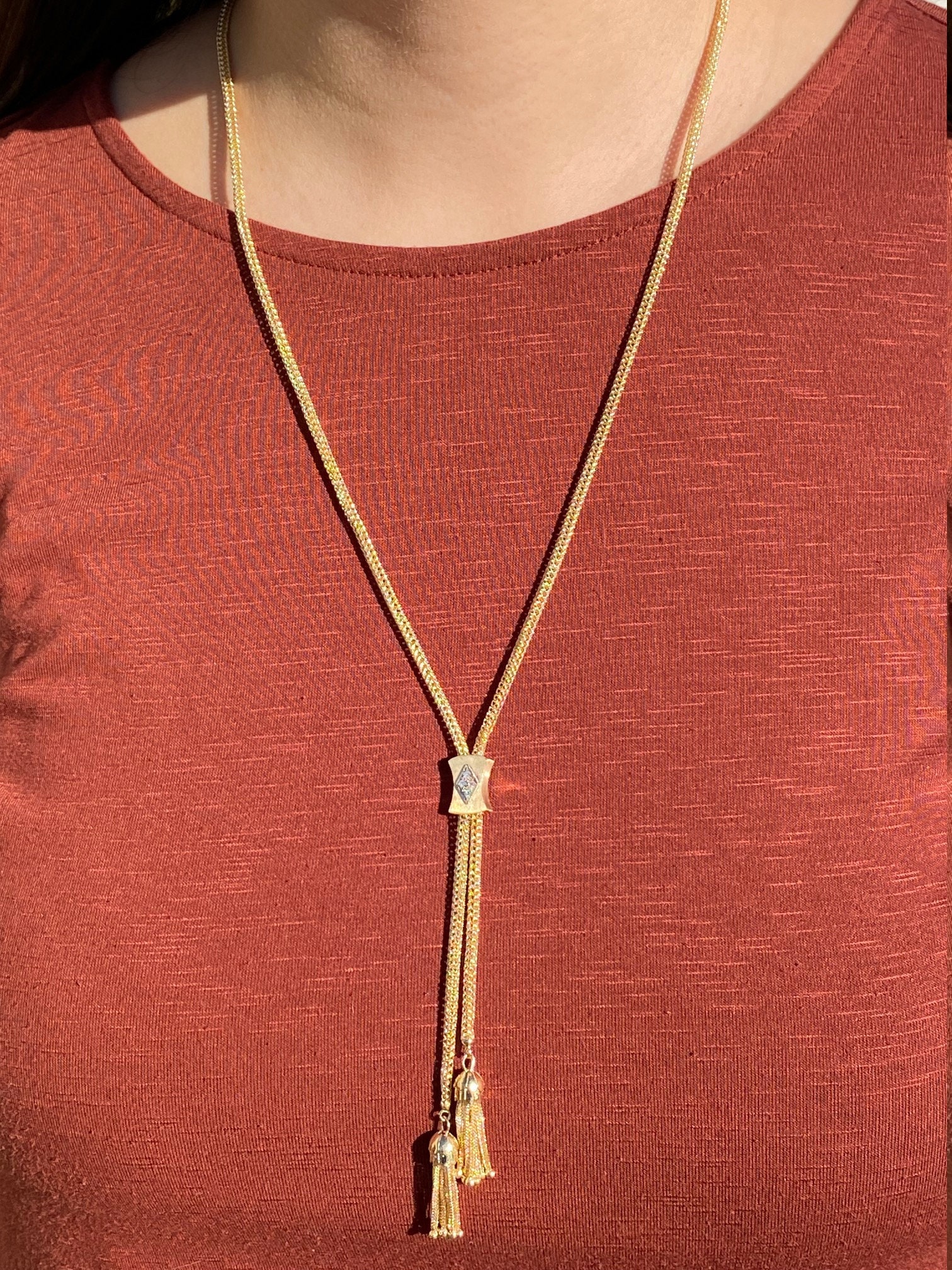 SOLD - The Cedar Park: Yellow Gold Slide Necklace with Tassels - Image 4