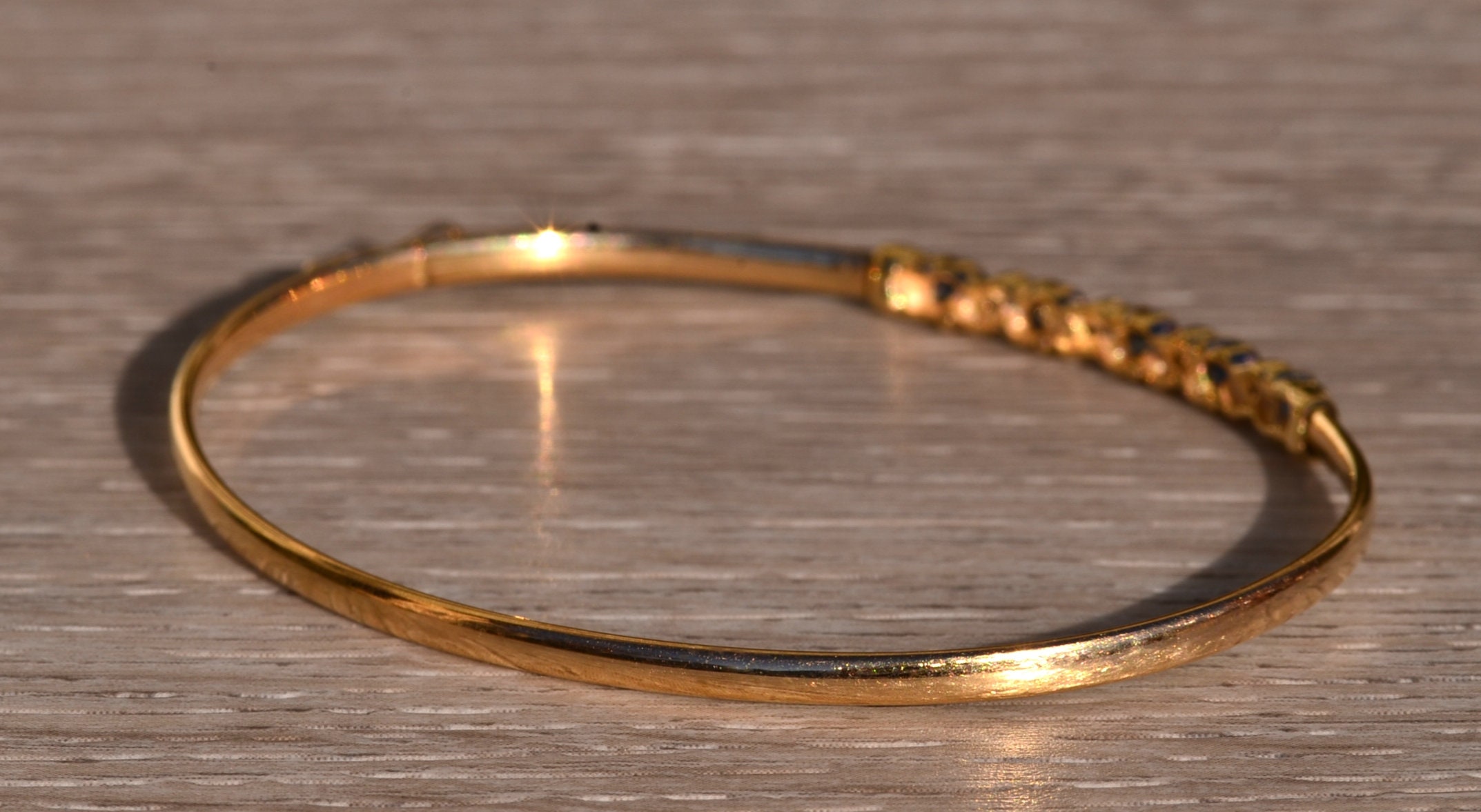 SOLD - The Hornsby Bend: Yellow Gold Sapphire and Diamond Thin Bangle Bracelet - Image 5