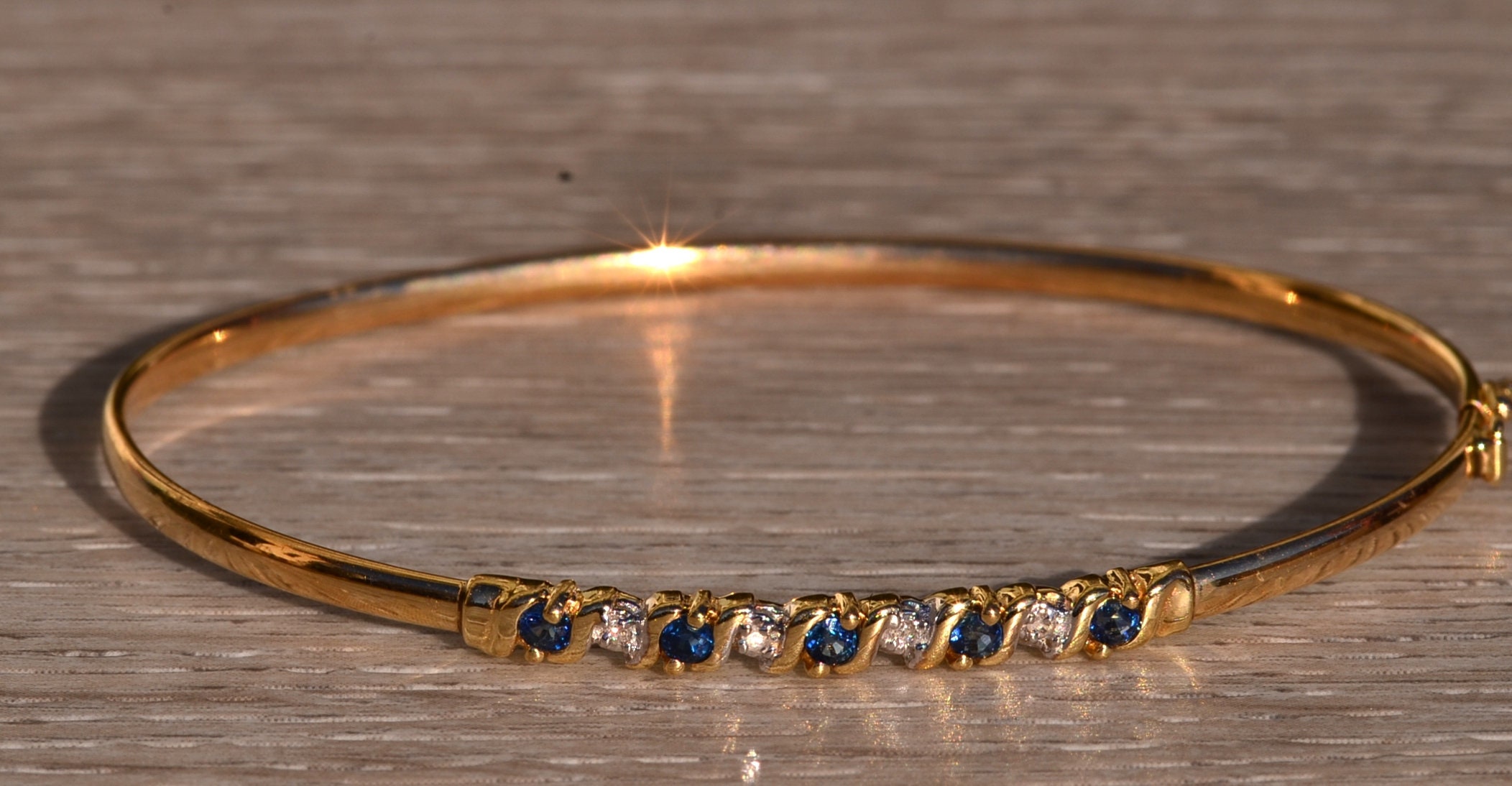 SOLD - The Hornsby Bend: Yellow Gold Sapphire and Diamond Thin Bangle Bracelet - Image 7