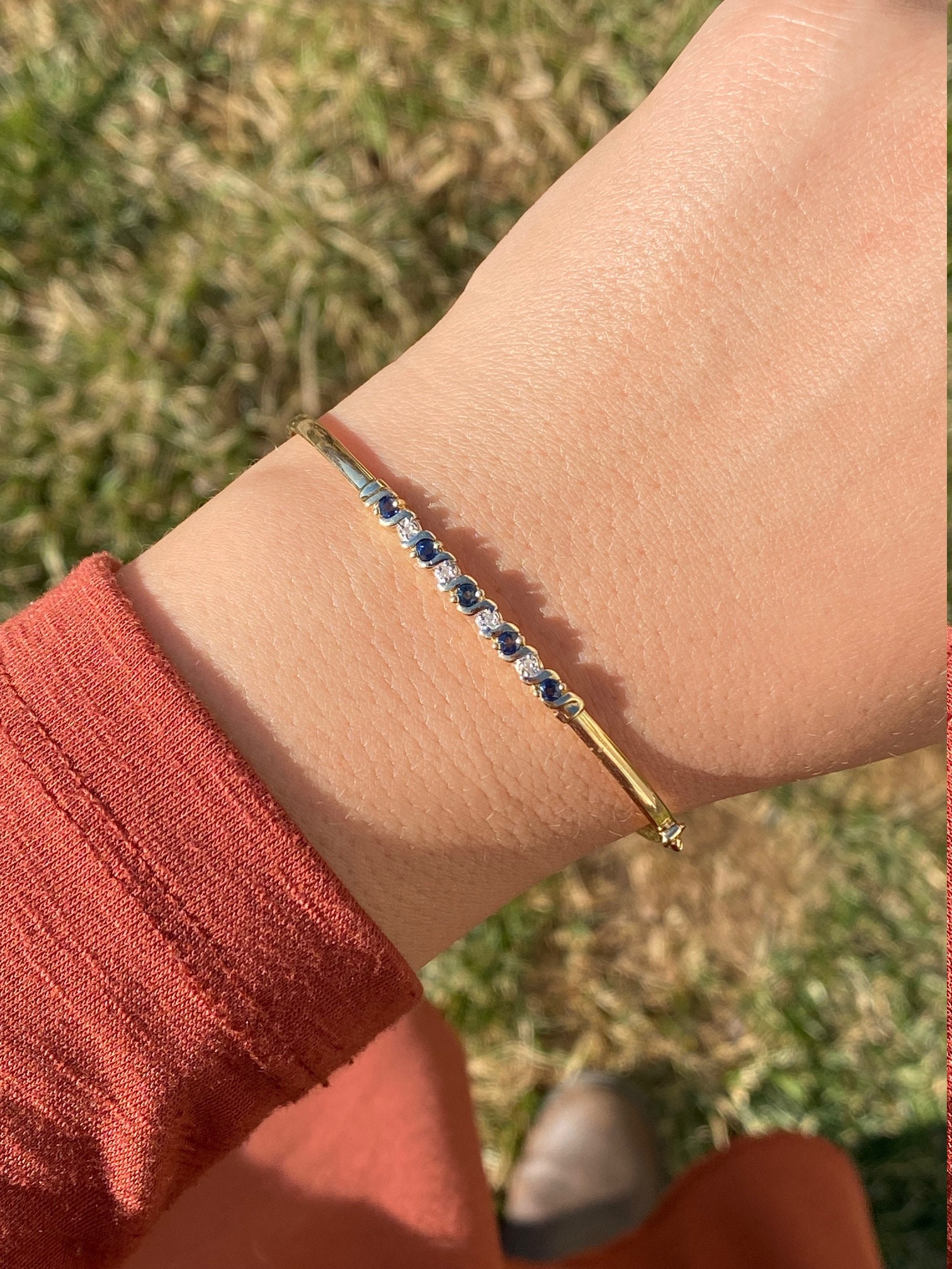 SOLD - The Hornsby Bend: Yellow Gold Sapphire and Diamond Thin Bangle Bracelet - Image 8