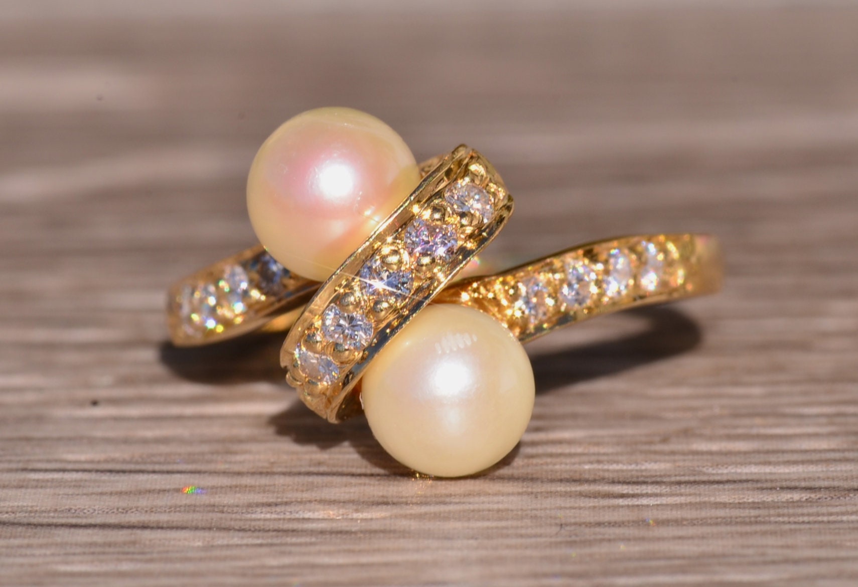 SOLD - The Garfield: Vintage Two Stone Toi et Moi Pearl Ring with Diamonds - Image 2