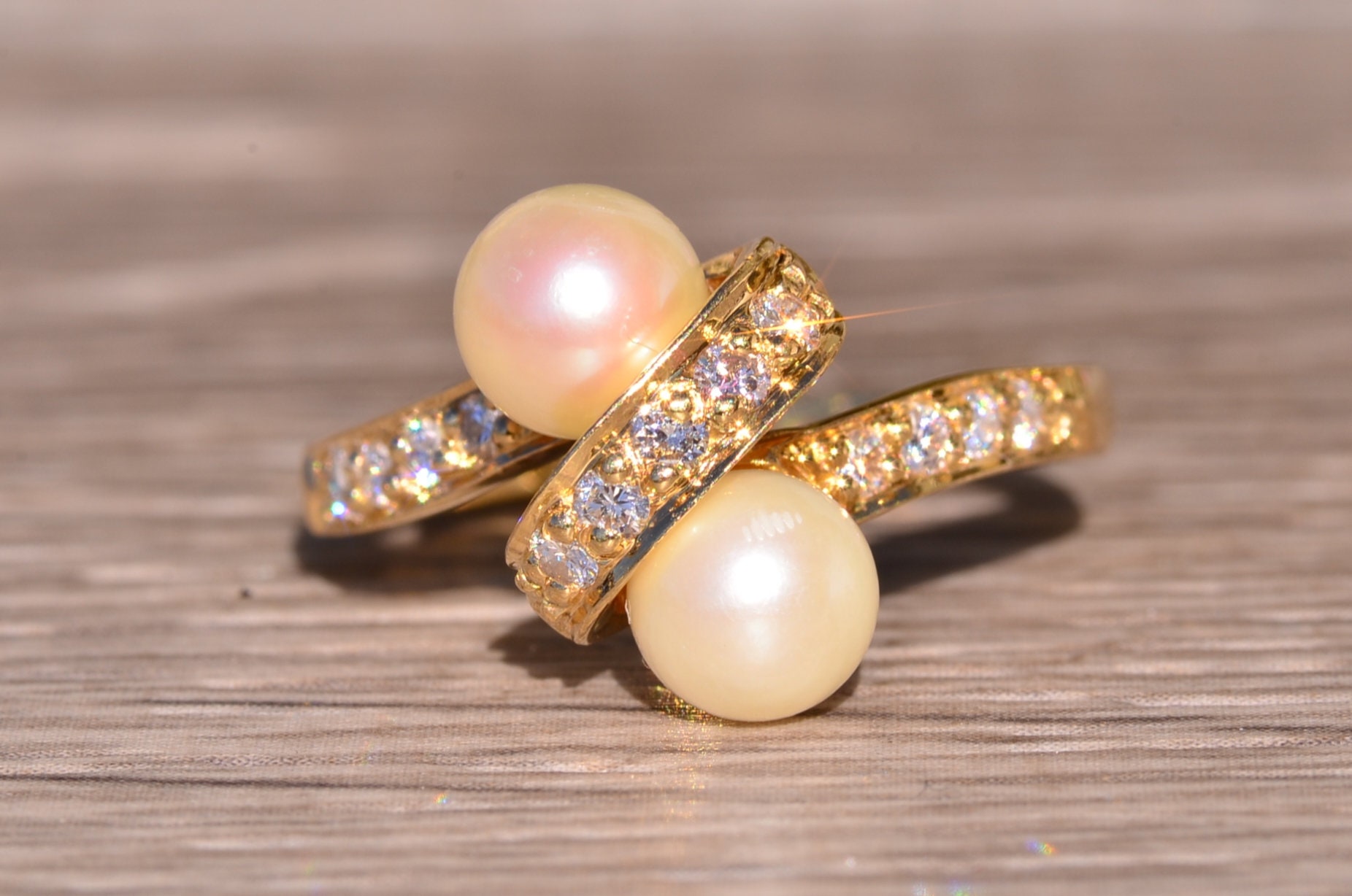 SOLD - The Garfield: Vintage Two Stone Toi et Moi Pearl Ring with Diamonds - Image 7