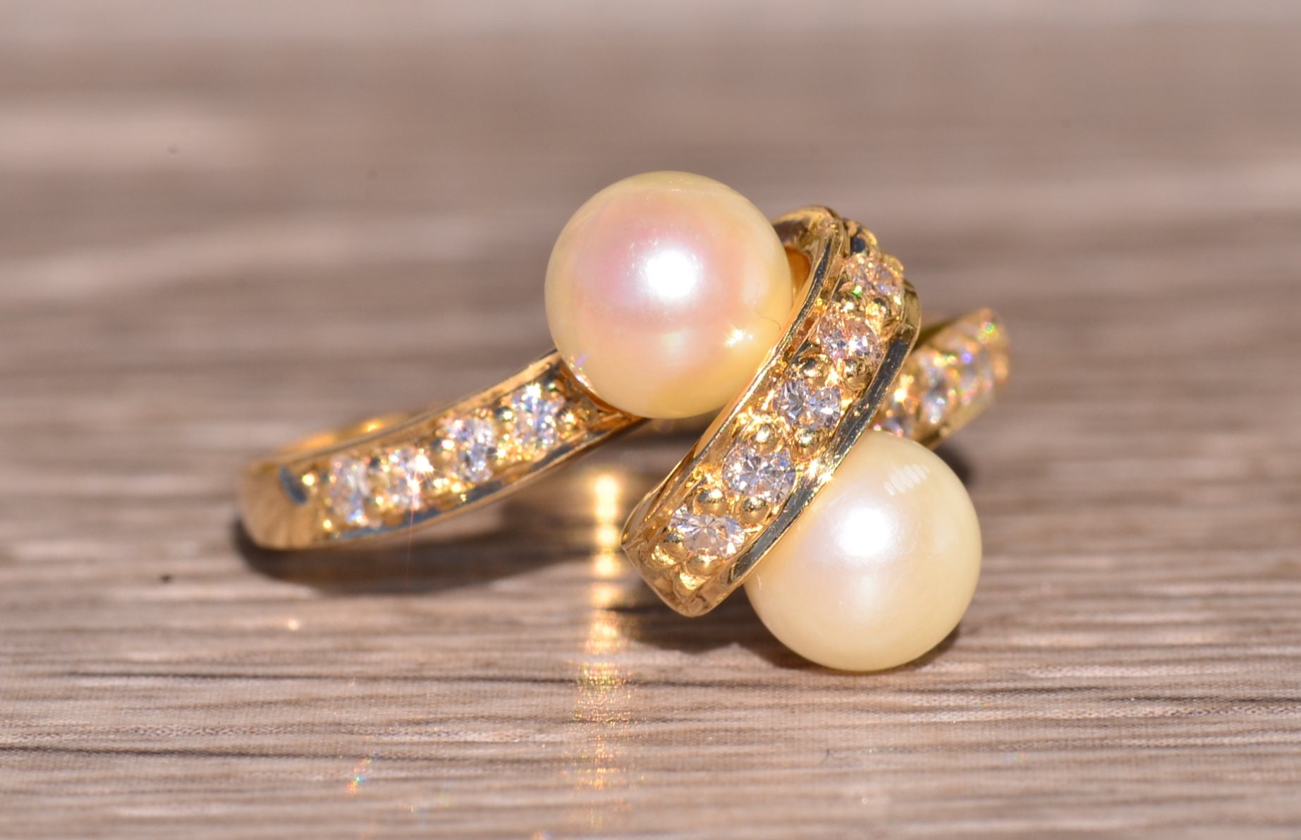 SOLD - The Garfield: Vintage Two Stone Toi et Moi Pearl Ring with Diamonds - Image 6