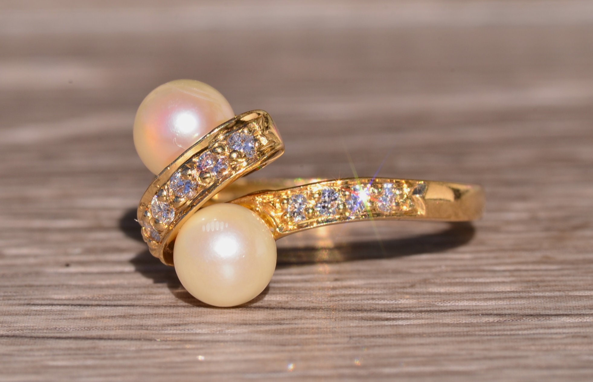 SOLD - The Garfield: Vintage Two Stone Toi et Moi Pearl Ring with Diamonds - Image 3