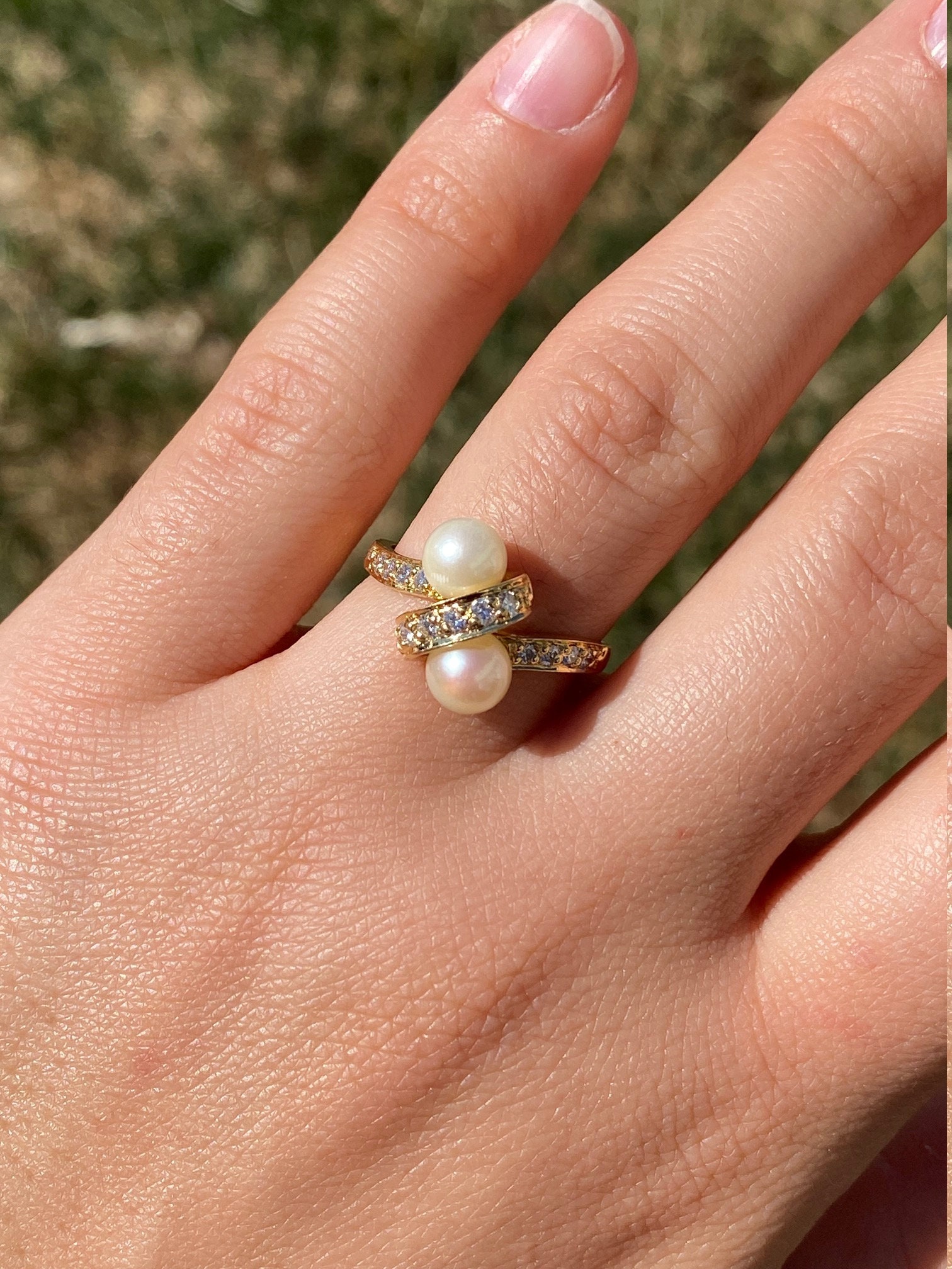 SOLD - The Garfield: Vintage Two Stone Toi et Moi Pearl Ring with Diamonds - Image 8