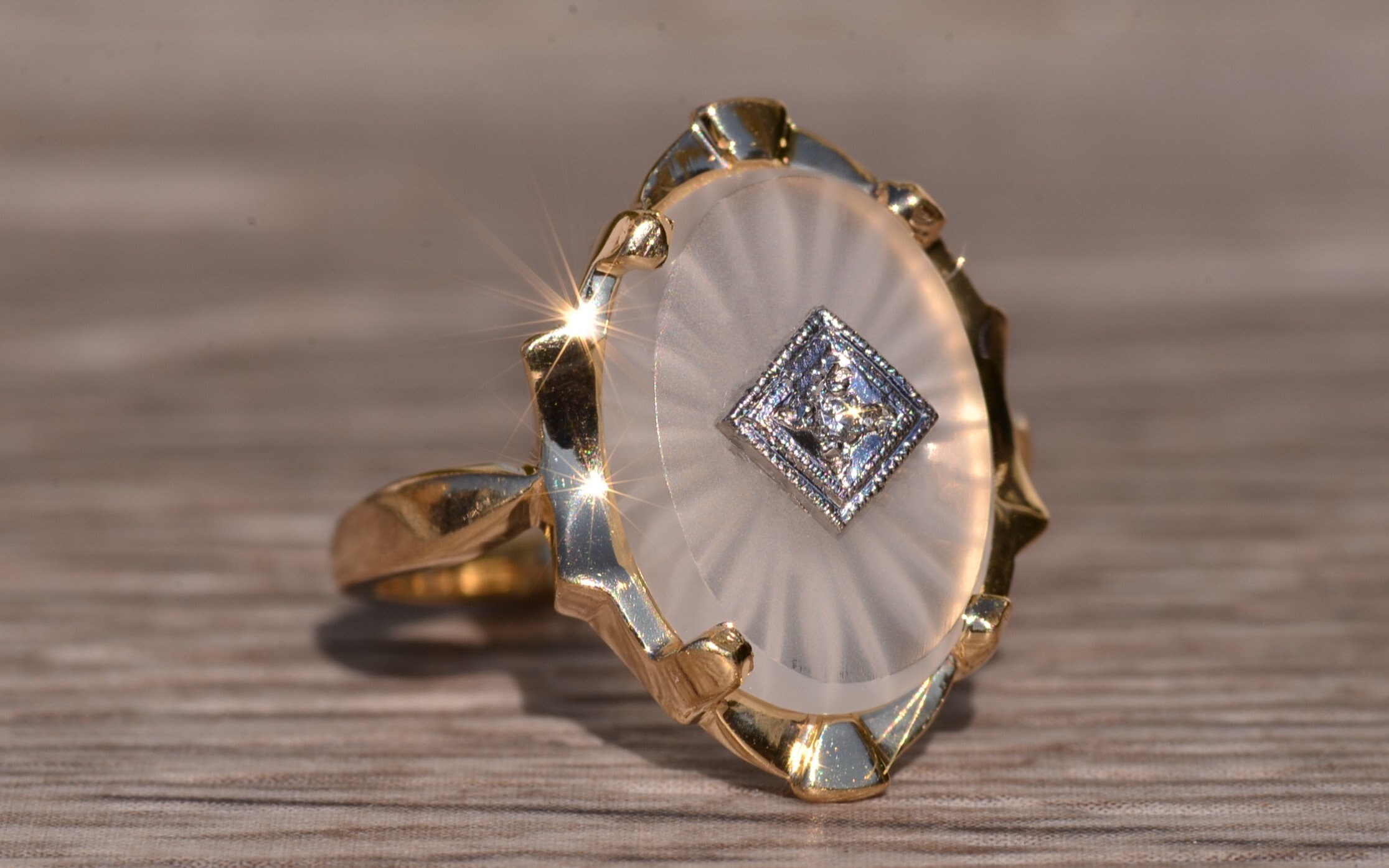 SOLD - The Henly: Yellow Gold Camphor Glass and Diamond Ring - Image 6