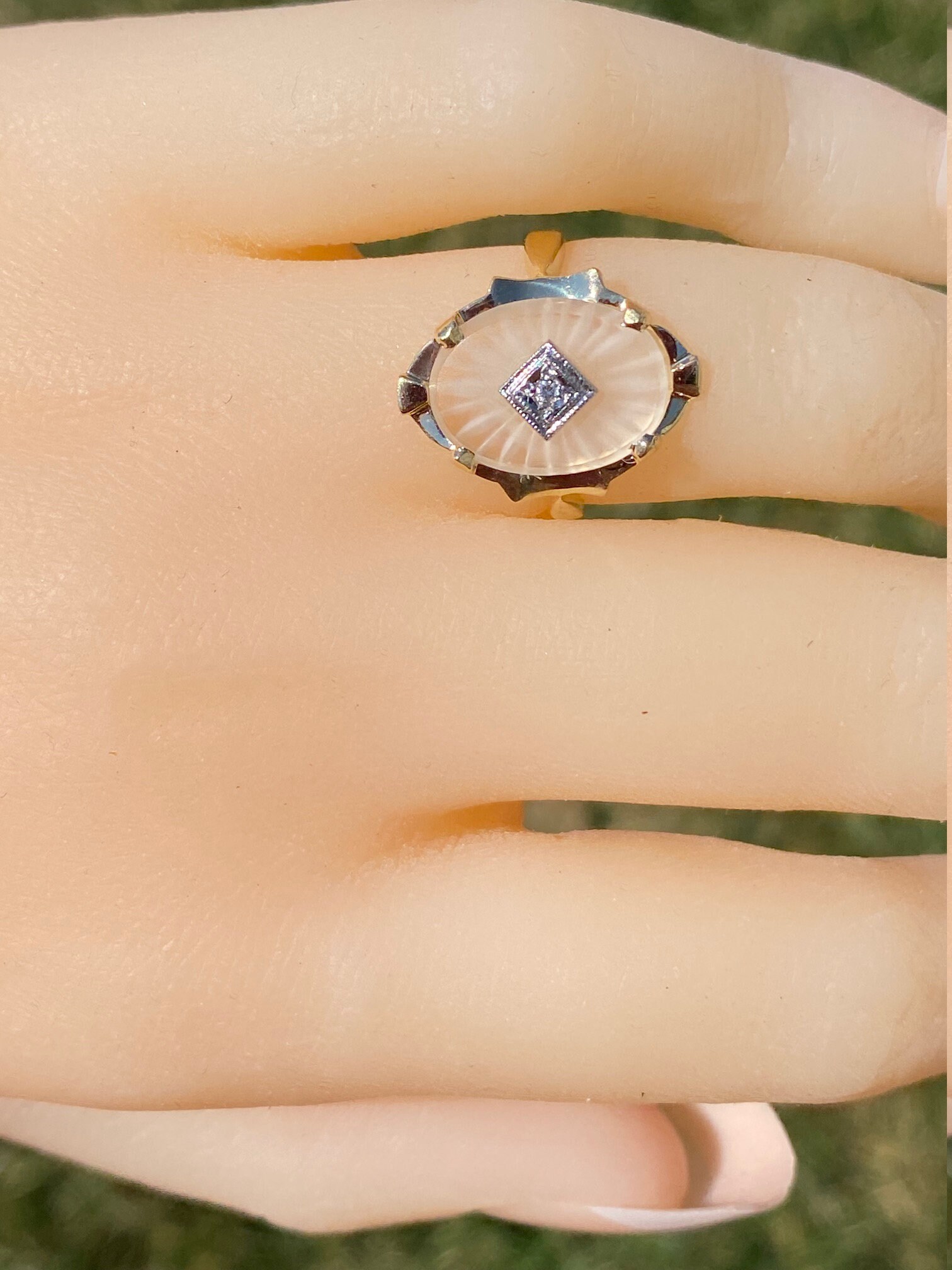 SOLD - The Henly: Yellow Gold Camphor Glass and Diamond Ring - Image 10