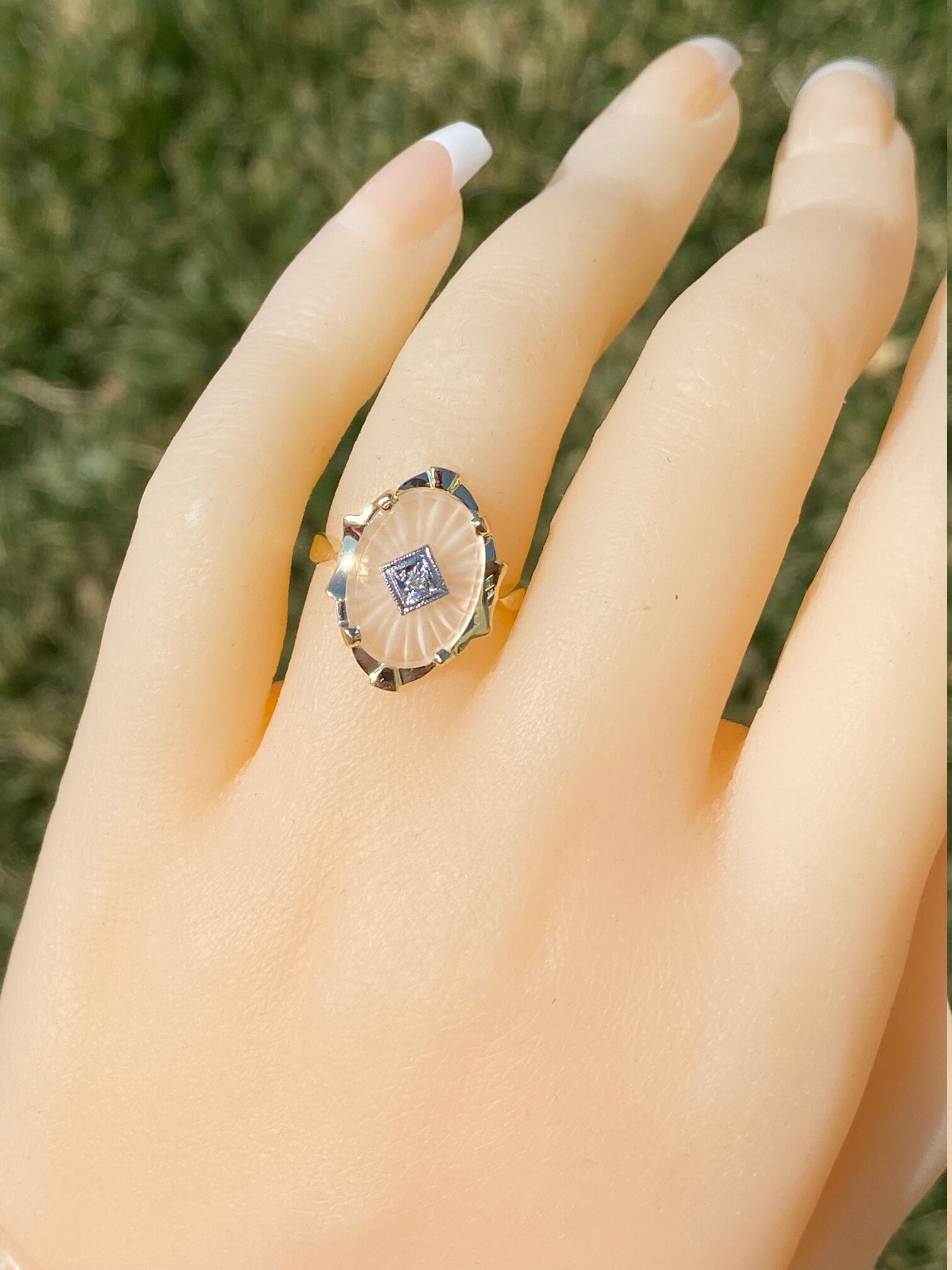 SOLD - The Henly: Yellow Gold Camphor Glass and Diamond Ring - Image 8